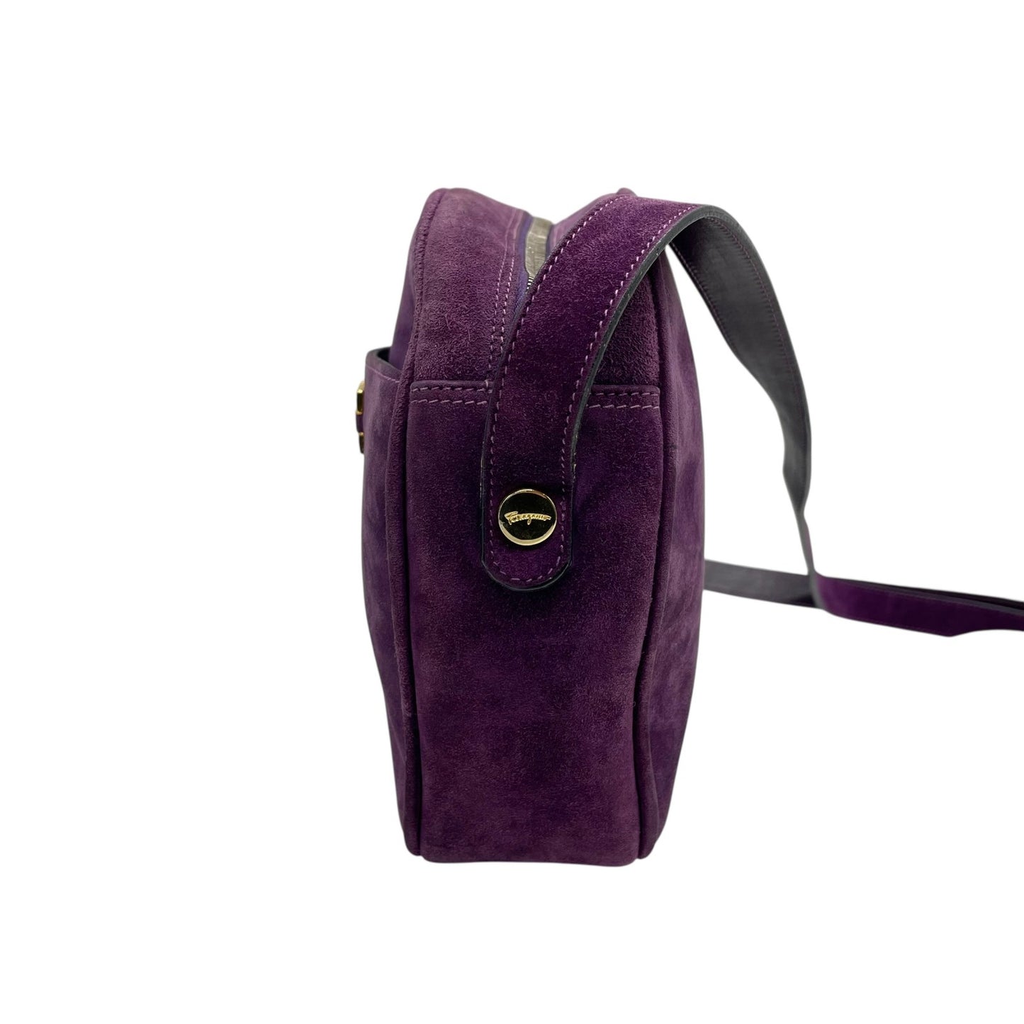 美品 Salvatore Ferragamo フェラガモ ガンチーニ ダブルガンチーニ ショルダーバッグ 紫 パープル スエード ゴールド金具 斜め掛け可 ポシェット ヴィンテージ レディース D7
