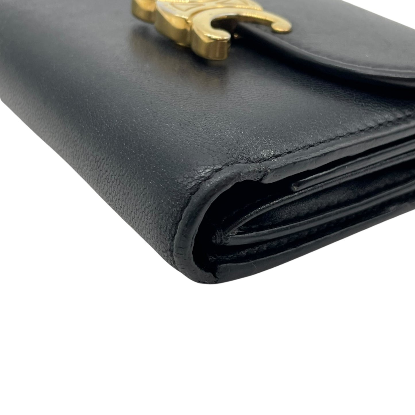 Authentic CELINE Triomphe Compact Wallet Black Leather Gold Hardware with Box