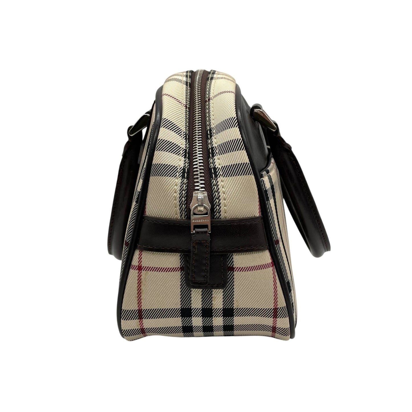 美品 BURBERRY バーバリー ノバチェック柄 ハンドバッグ ミニボストンバッグ ベージュ キャンバス×ブラウンレザー メンズ レディース ボーイズ ガールズ 旅行 ビジネス K10