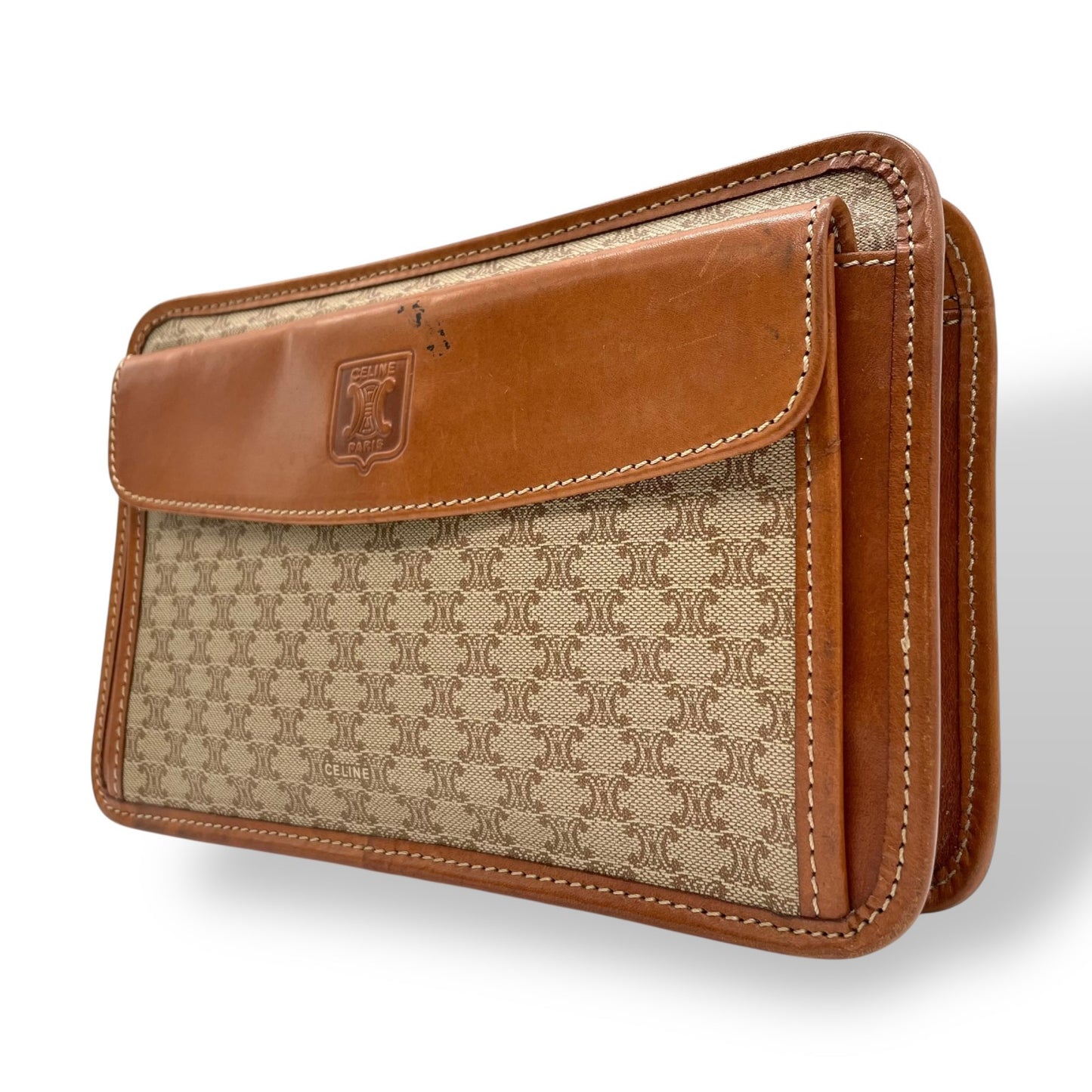 セリーヌ CELINE マカダム柄 クラッチバッグ セカンドバッグ ベージュ ブラウン 茶色 トリオンフロゴ PVC×レザー ヴィンテージ バッグ U9