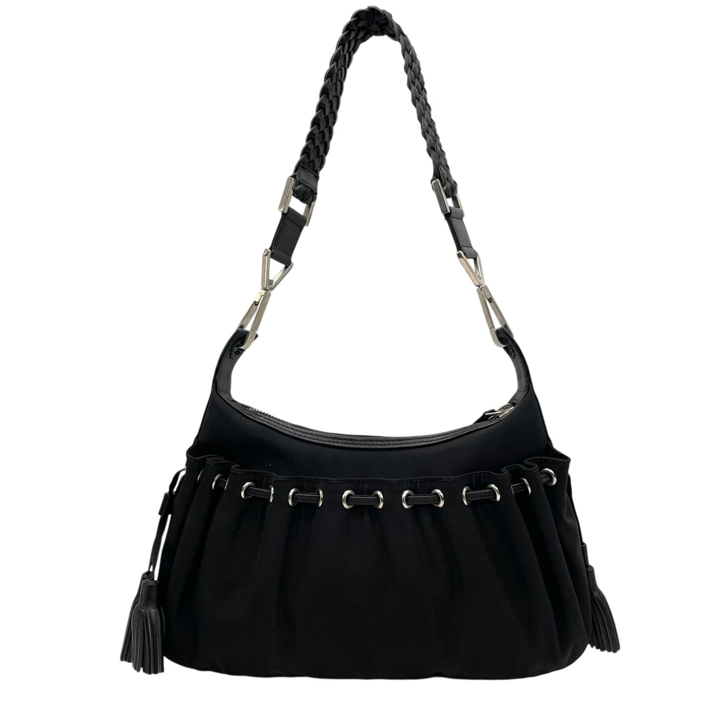 美品 ジバンシー ジバンシィ GIVENCHY ブラック 黒 ワンショルダー ショルダーバッグ ナイロン×レザー タッセル付き シルバー金具 高級 ハンドバッグ レディース K11