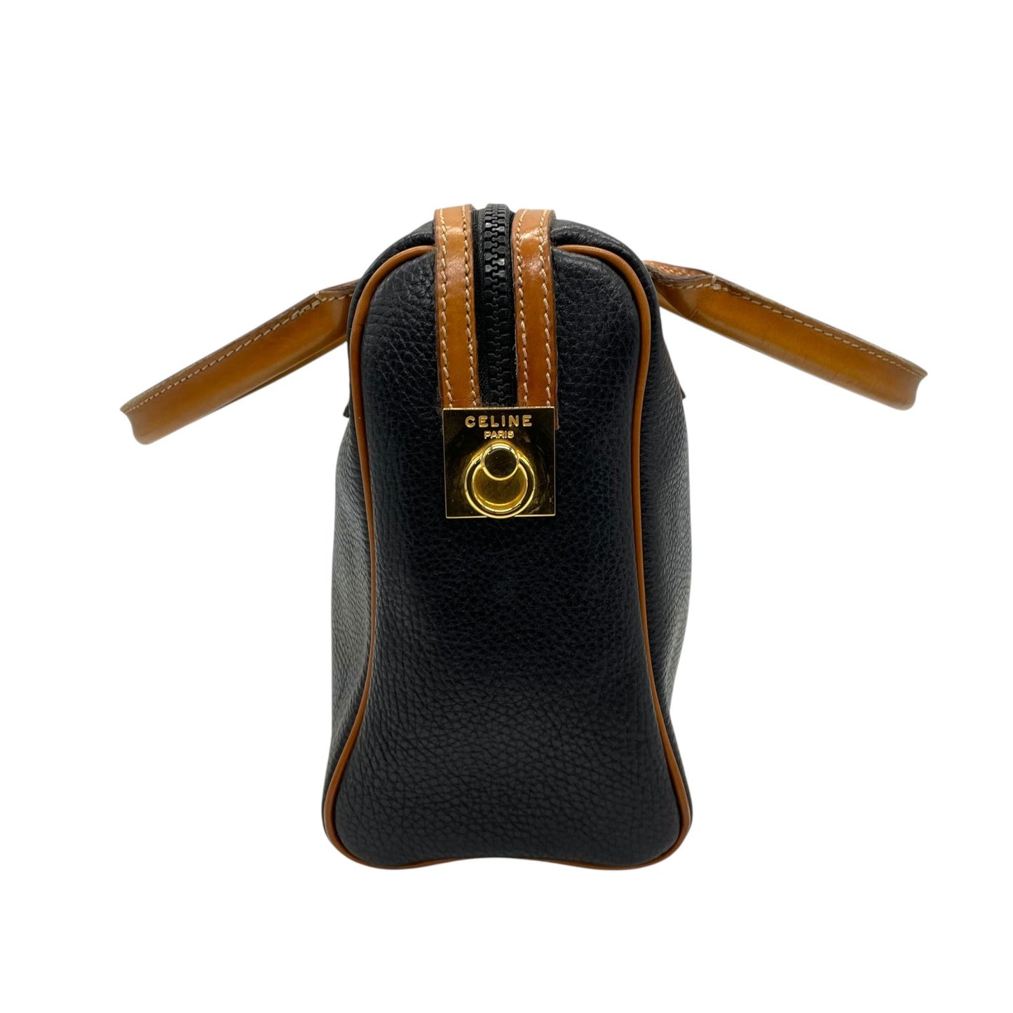 セリーヌ CELINE レザーハンドバッグ ブラック×ブラウン 黒 茶色 ゴールド金具 金金具 ボストンバッグ型 ヴィンテージ K5