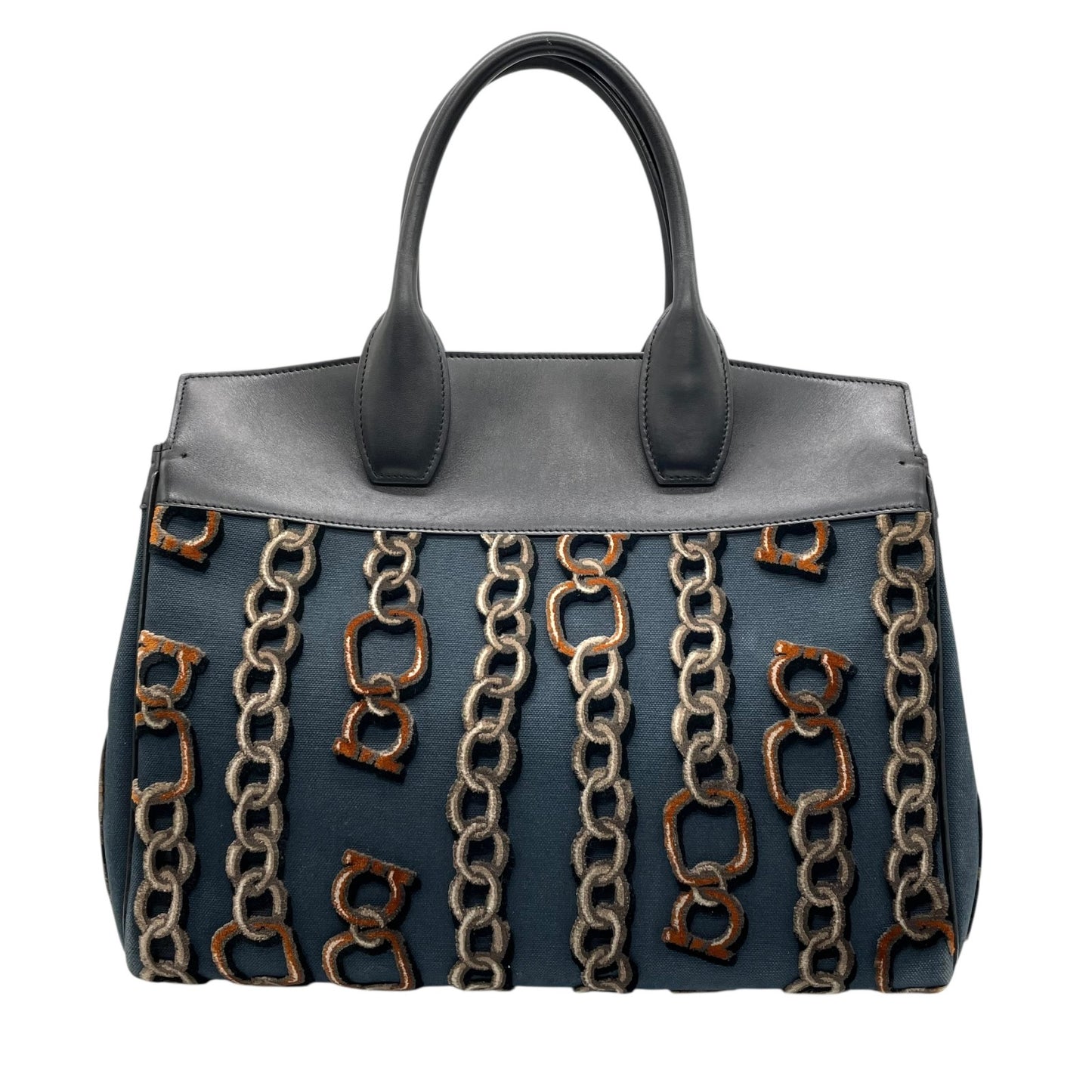 美品 Salvatore Ferragamo サルヴァトーレ フェラガモ ガンチーニ チェーン柄 ハンドバッグ 紺 ネイビー 黒 ブラック キャンバス レザー ゴールド金具 レディース B