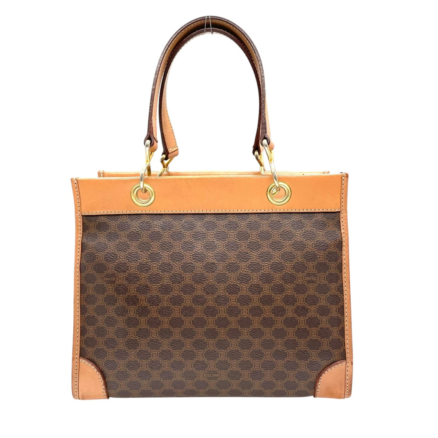 CELINE セリーヌ マカダム柄 ハンドバッグ ミニトート 茶 ブラウン PVC レザー ゴールド金具 手提げ ヴィンテージ オールドセリーヌ レディース E