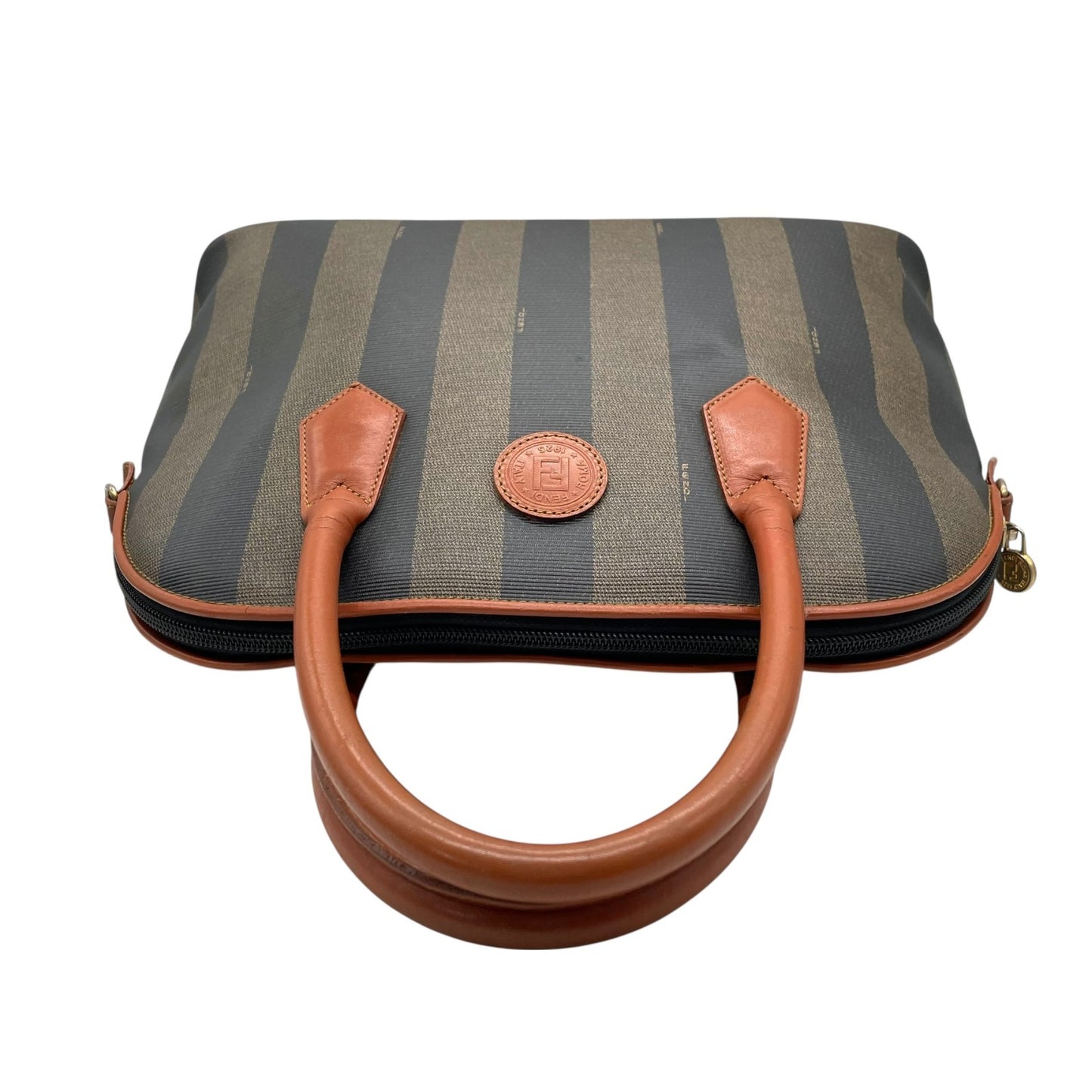 フェンディ FENDI ペカン柄 ボストンバッグ PVC レザー 茶色 カーキ ブラウン ストライプ ハンドバッグ ヴィンテージ B
