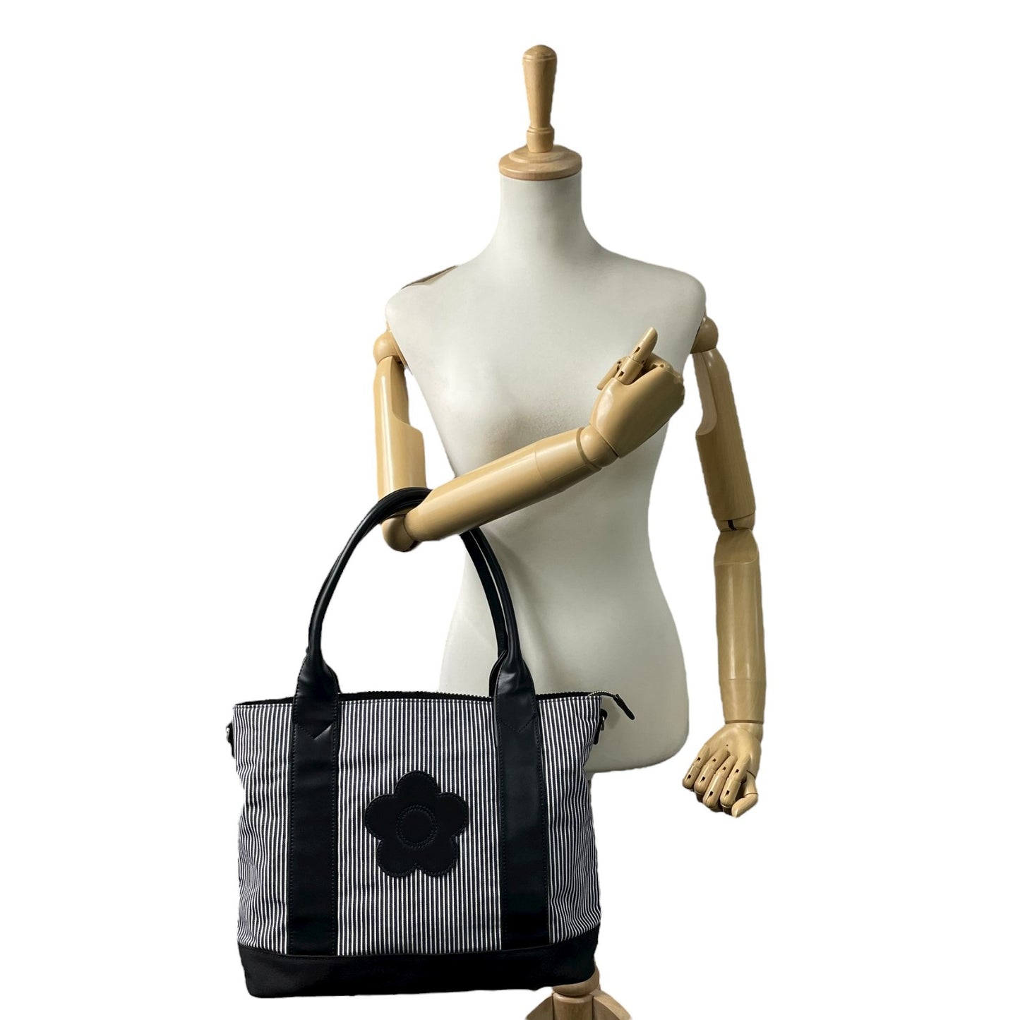 マリークヮント MARY QUANT トートバッグ ストライプ デイジー 花モチーフ ショルダー付き 2WAY 黒 ブラック ホワイト T3