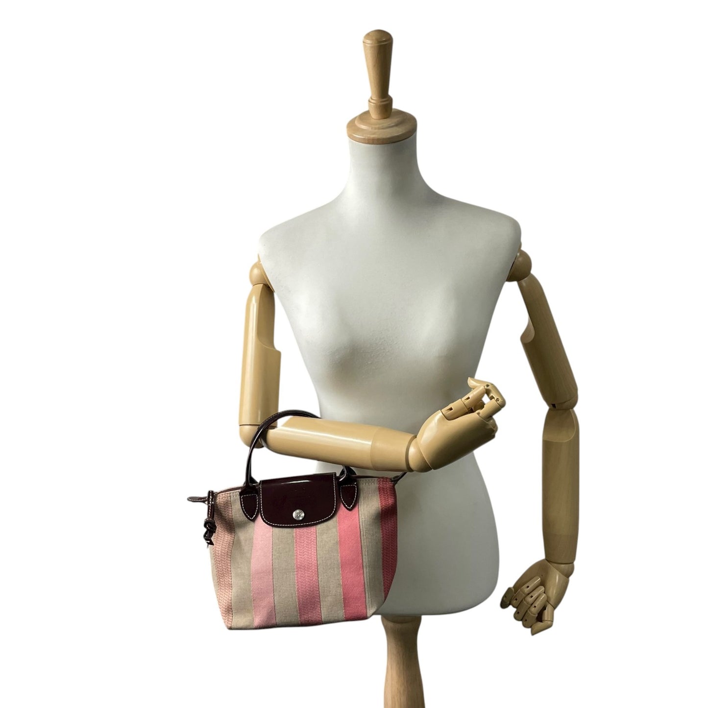 美品 ロンシャン LONGCHAMP ルプリアージュ ハンドバッグ トートバッグ マルチカラー ストライプ ベージュ ピンク キャンバス×レザー U2
