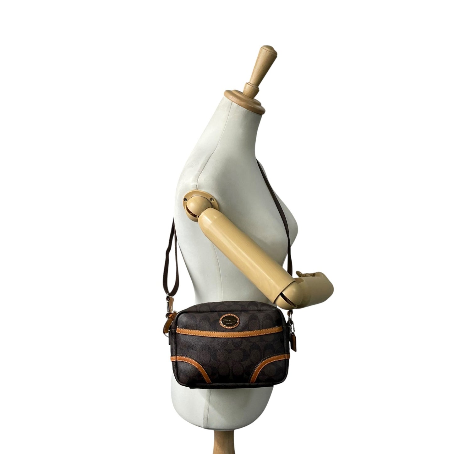 コーチ COACH シグネチャー PVC レザー ショルダーバッグ クロスボディ 茶色 ブラウン キャメル シルバー 3