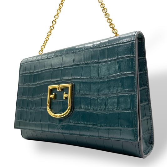 フルラ FURLA チェーンショルダーバッグ 型押し ダークグリーン 深緑 金金具 ゴールド金具 上品 高級感 A3
