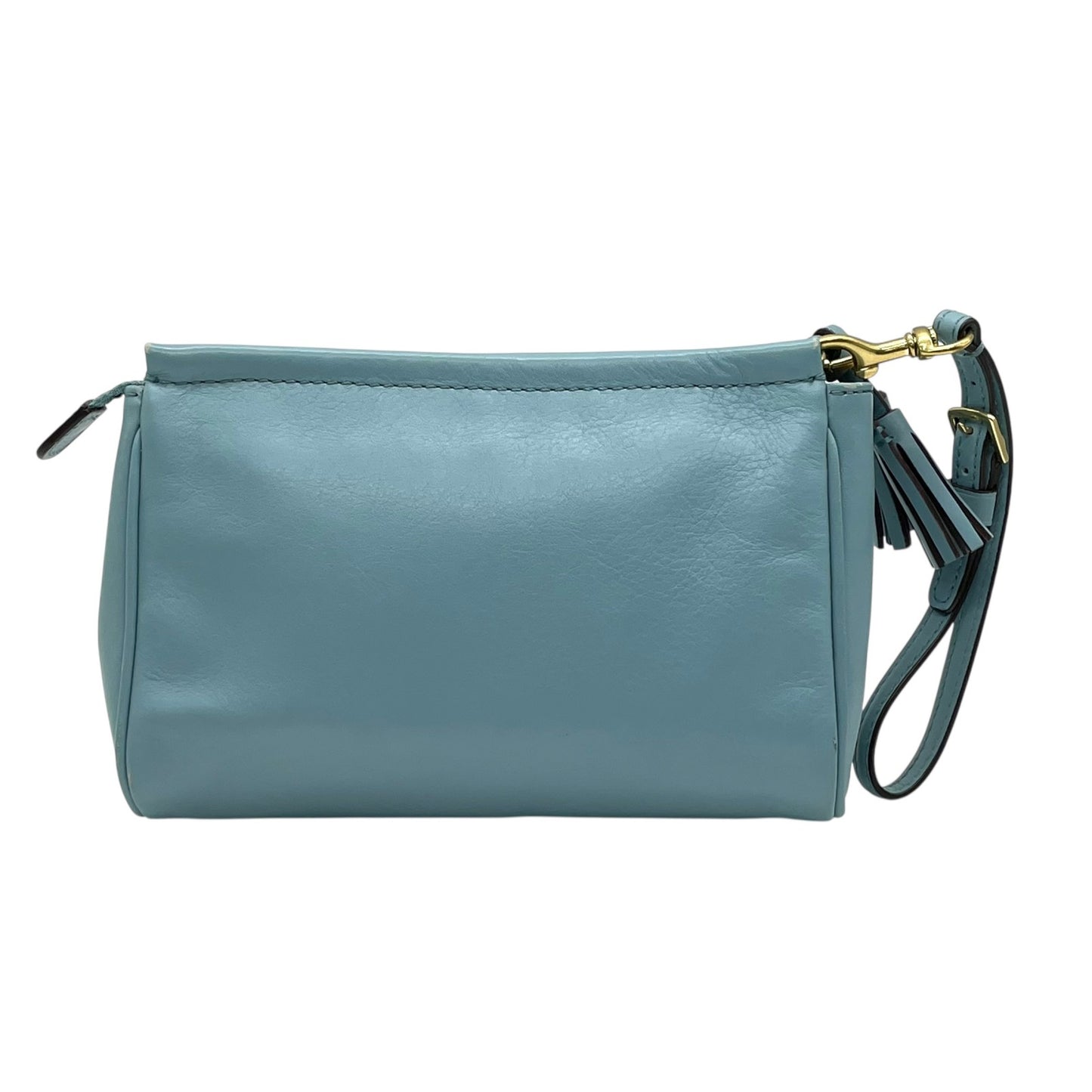 美品 コーチ COACH ポーチ レザー スカイブルー タッセル付き ロゴ 上品 コンパクト 本革 S52