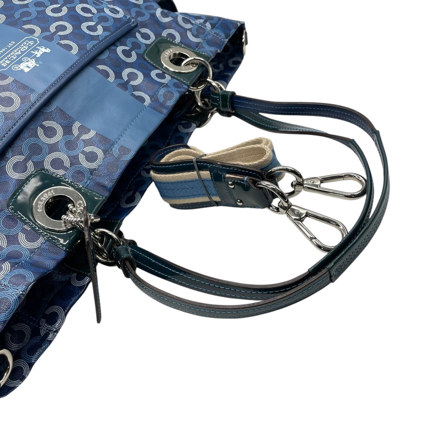 美品 コーチ COACH トートバッグ ショルダーバッグ 2WAY シグネチャー サークル柄 紺 ネイビー A4収納可 ショルダーストラップ付 U10