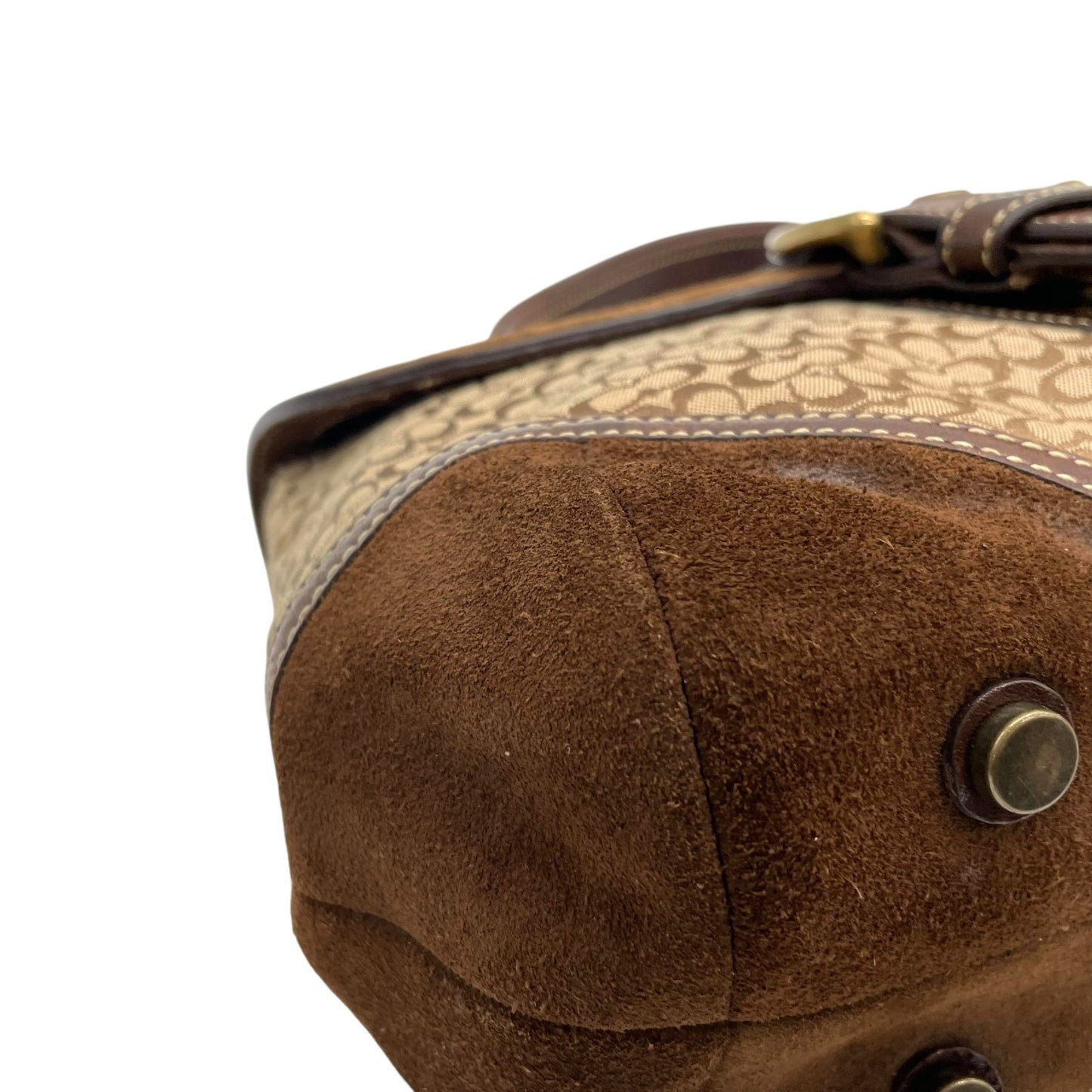 コーチ COACH シグネチャー スエード レザー ハンドバッグ 7078 茶色 ブラウン ゴールド金具 金金具 チャーム付き E10