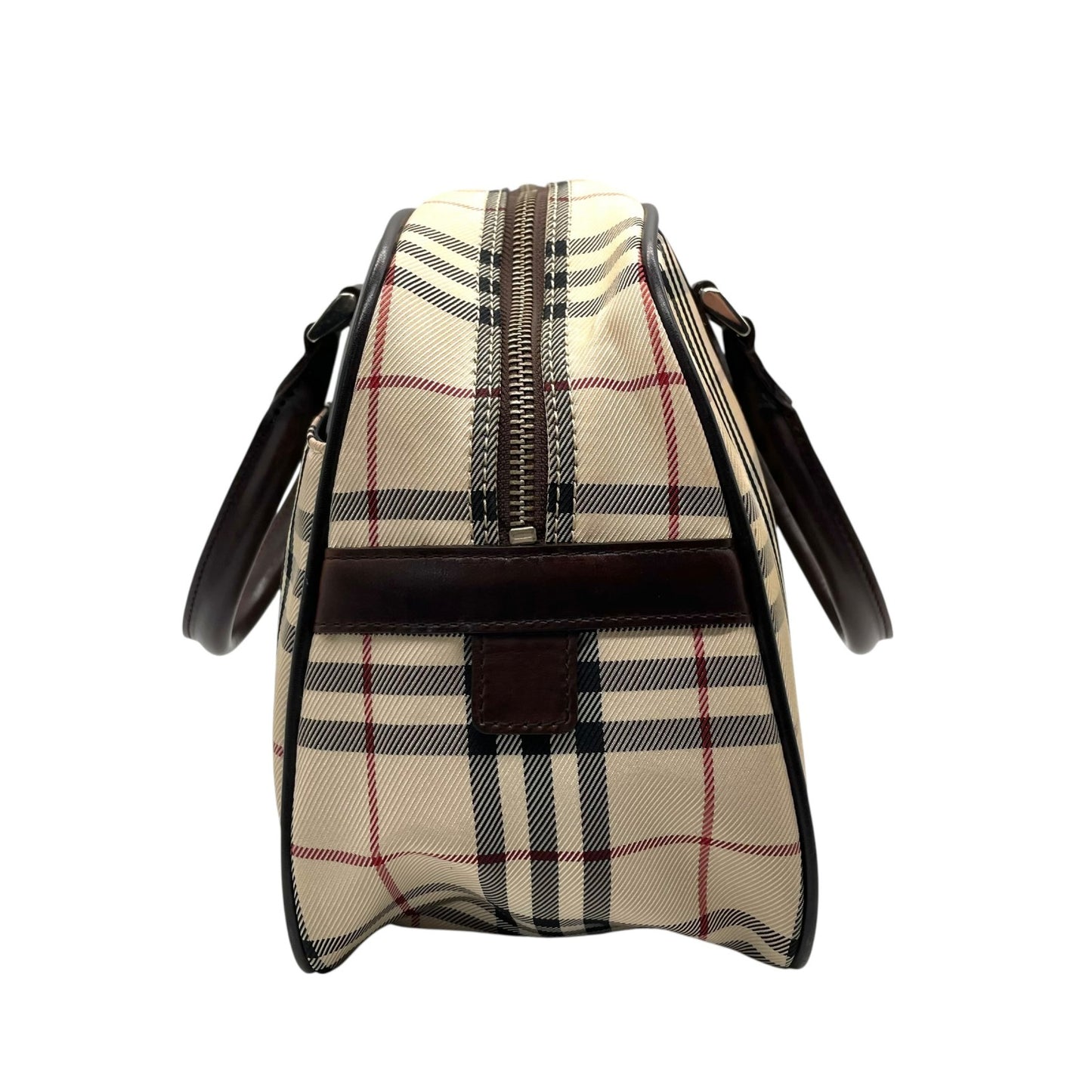 美品 バーバリー BURBERRY ハウスチェック ノバチェック ボストンバッグ レザー キャンバス 茶色 ブラウン×ベージュ ロゴプレート C7