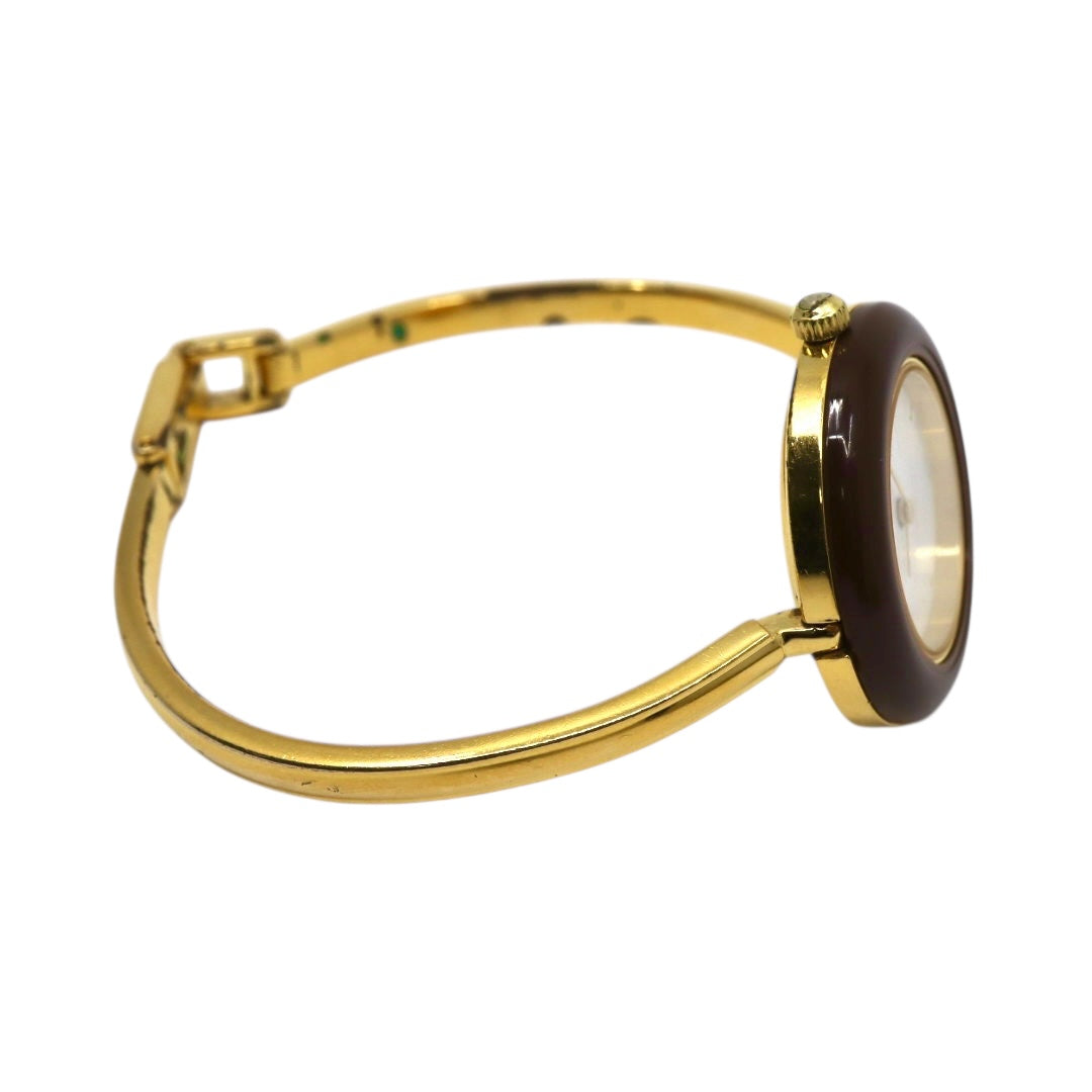 【美品/電池交換済】グッチ GUCCI チェンジベゼル 11/12.2 腕時計 レディースウォッチ クオーツ バングルウォッチ ゴールド ホワイト文字盤 ヴィンテージ アンティーク クラシック エレガント 人気モデル ブラウンベゼル クリーニング済み G3