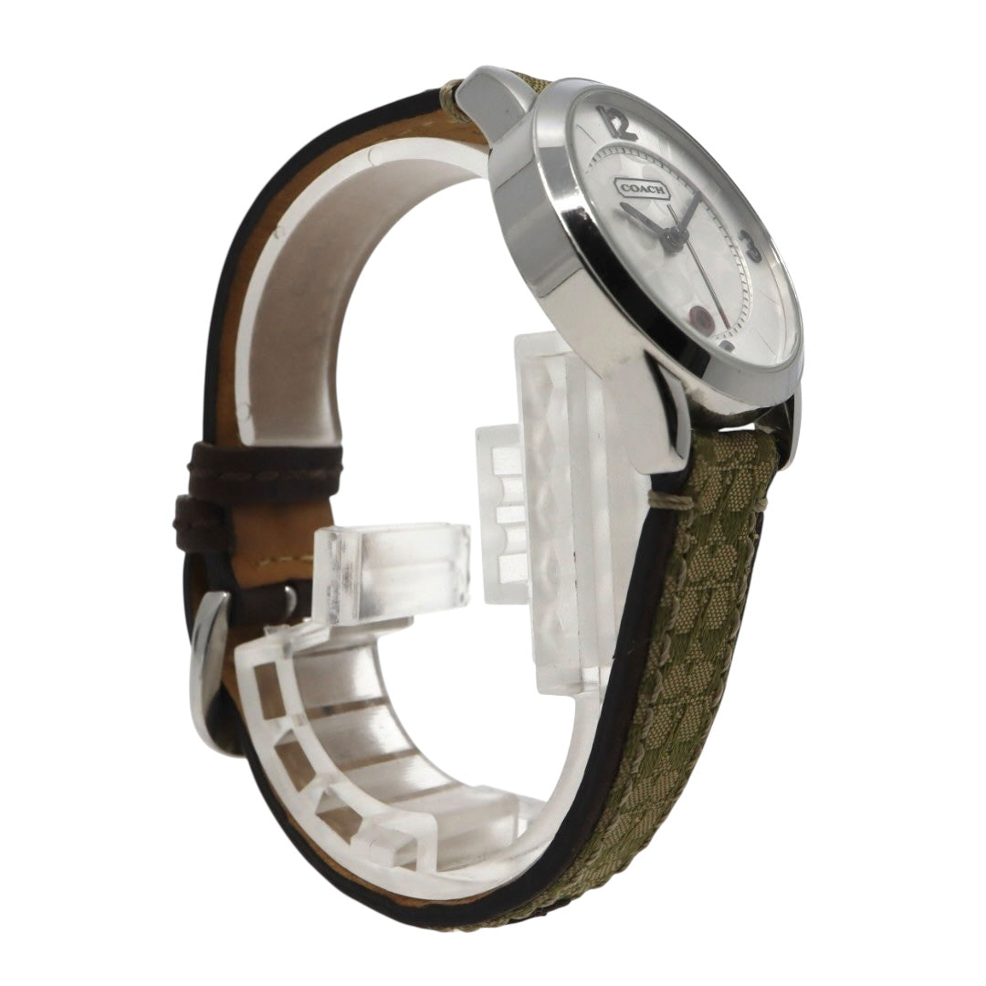 【電池交換済／クリーニング済】コーチ COACH 腕時計 8.180.158 レディースウォッチ クォーツ シルバー文字盤 シグネチャー キャンバスベルト グリーン系 デイトカレンダー アナログ クラシック カジュアル 稼働品 G3