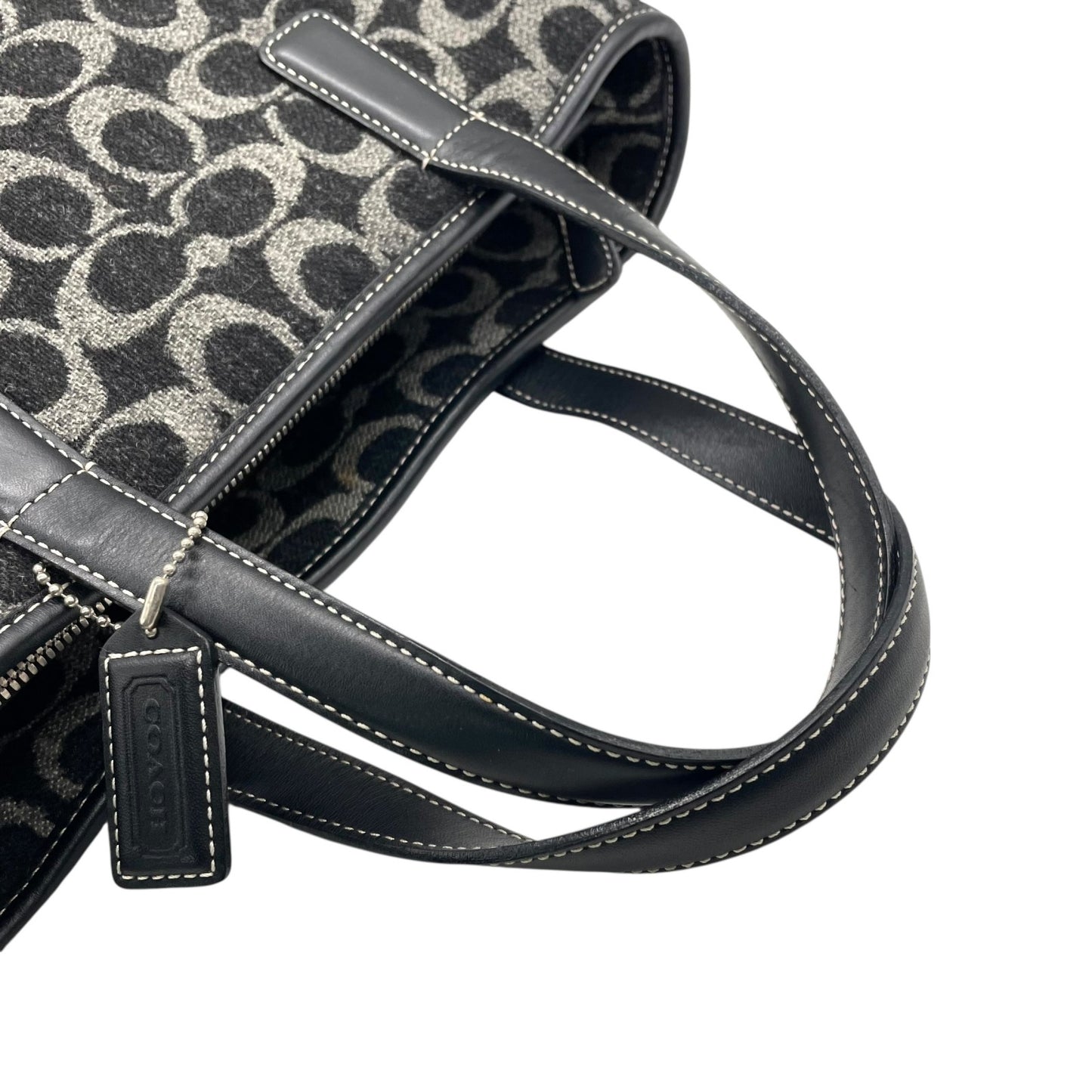 美品 COACH コーチ シグネチャー トートバッグ ハンドバッグ 黒 ブラック グレー ウール レザー シルバー金具 ロゴ ファスナー開閉 レディース S11