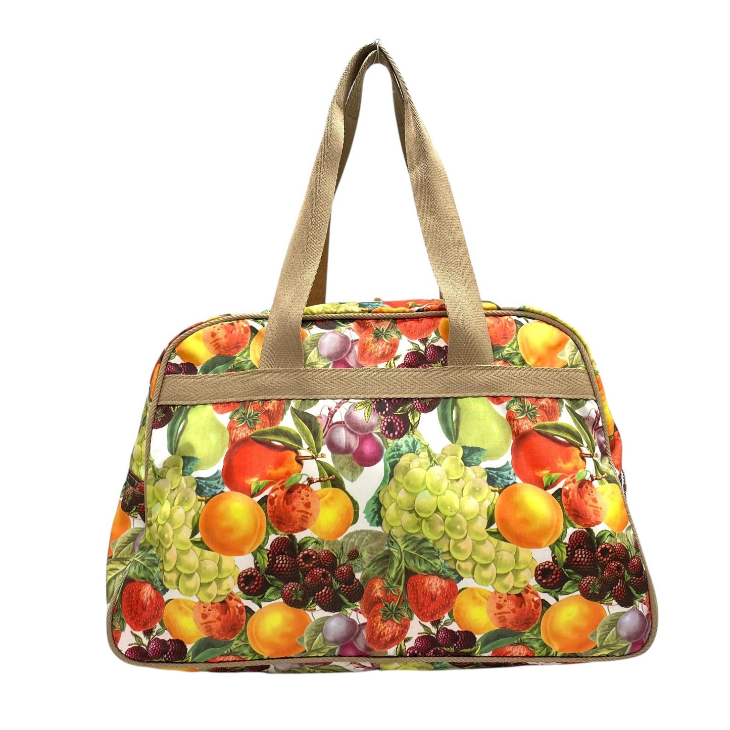 未使用級 LeSportsac レスポートサック ボストンバッグ ナイロン マルチカラー ベージュ 果物 フルーツ柄 総柄 シルバー金具 ロゴ 肩掛け可 レディース S91