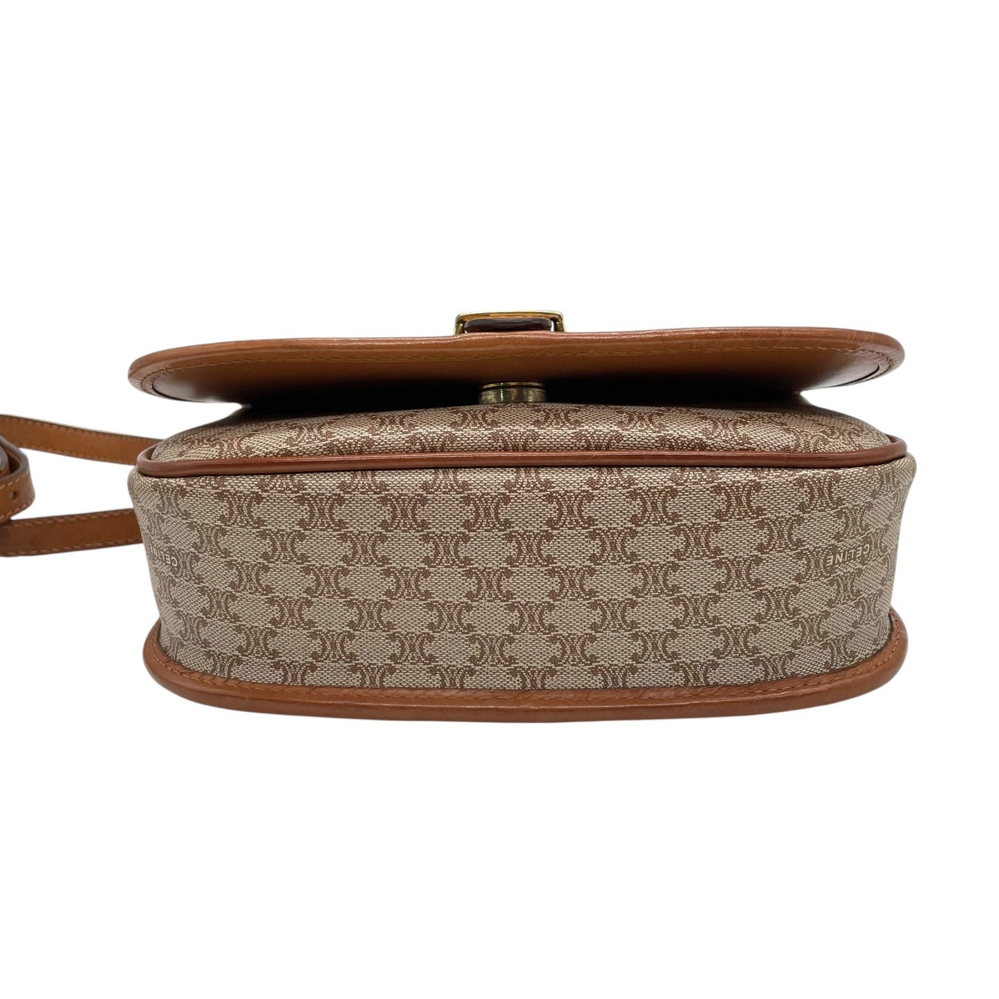 美品 CELINE オールドセリーヌ マカダム柄 トリオンフ ショルダーバッグ PVC レザー ベージュ ブラウン ゴールド金具 斜め掛け可 フラップ開閉 ヴィンテージ レディース K11