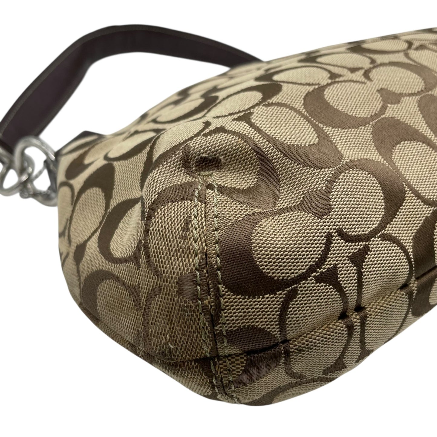 COACH コーチ ソーホー シグネチャー ワンショルダーバッグ 茶 ブラウン ベージュ キャンバス パテントレザー シルバー金具 フラップ ベルト ホーボー 肩掛け可 レディース S6