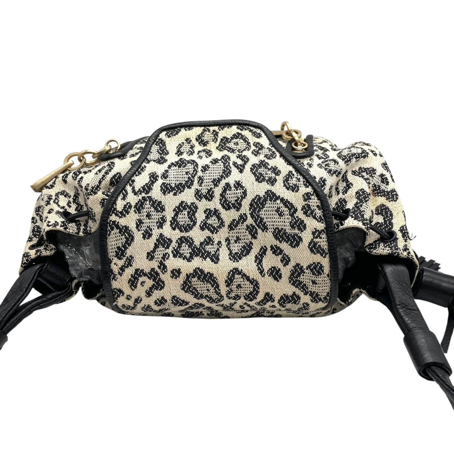 SEE BY CHLOE シーバイクロエ ショルダーバッグ 白 アイボリー 黒 ブラック レオパード ヒョウ柄 キャンバス レザー ゴールド金具 タッセル 斜め掛け可 レディース E5