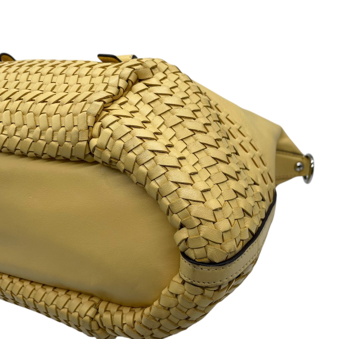 コーチ COACH 2WAY ボストンバッグ ハンドバッグ ショルダーバッグ 肩掛け 23342 イントレチャート 編み込みレザー 黄色 イエロー シルバー金具 チャーム付き U16