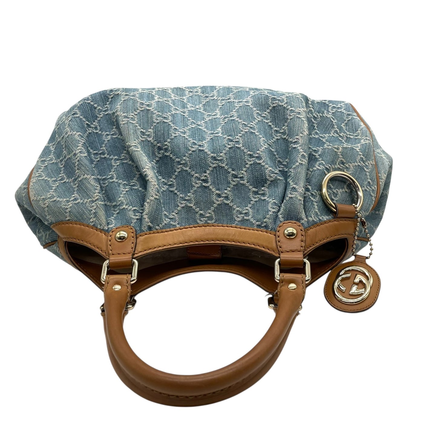 グッチ GUCCI GGデニム GGキャンバス スーキー ハンドバッグ トートバッグ キャンバス×レザー チャーム付 ブルー 青 ブラウン 茶 ゴールド金具 ホーボー Y2K レディース K9