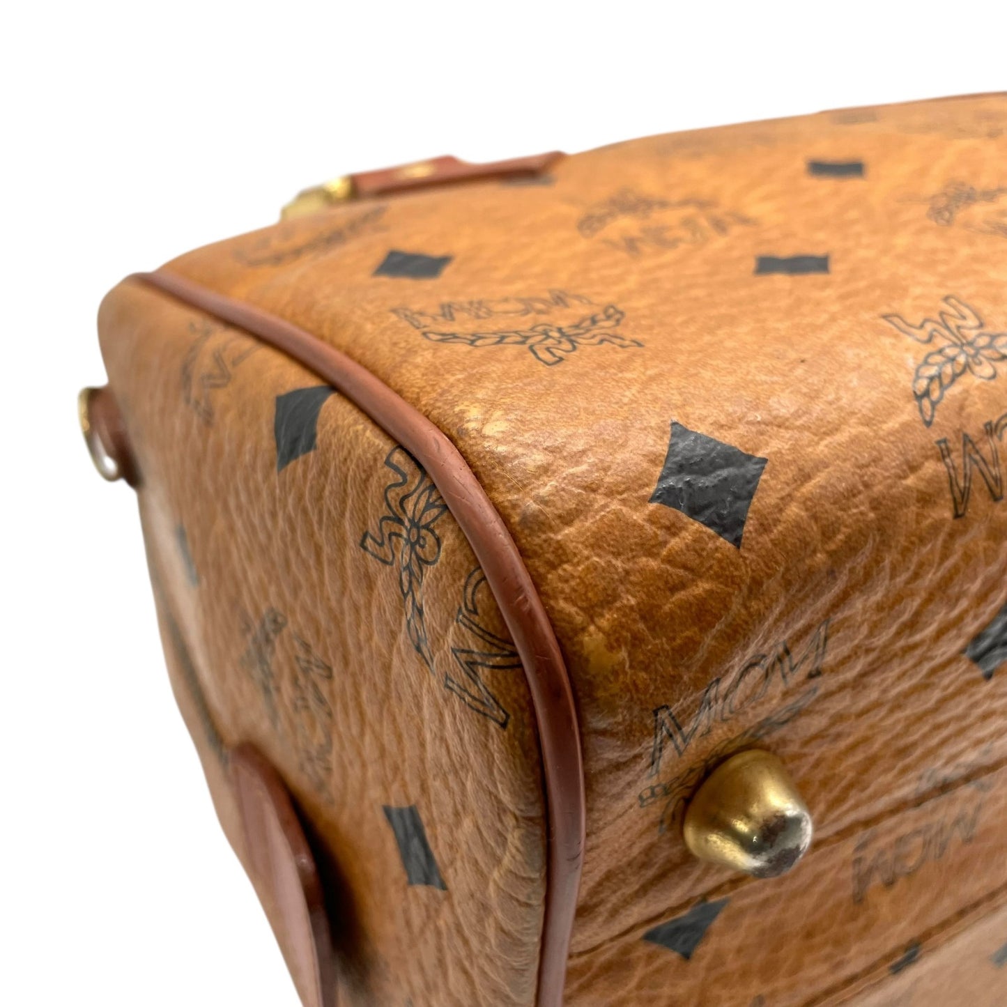 エムシーエム MCM ヴィセトス 2WAY ハンドバッグ ミニボストンバッグ ショルダーバッグ 茶 ブラウン コニャック レザー ゴールド金具 斜め掛け可 レディース D