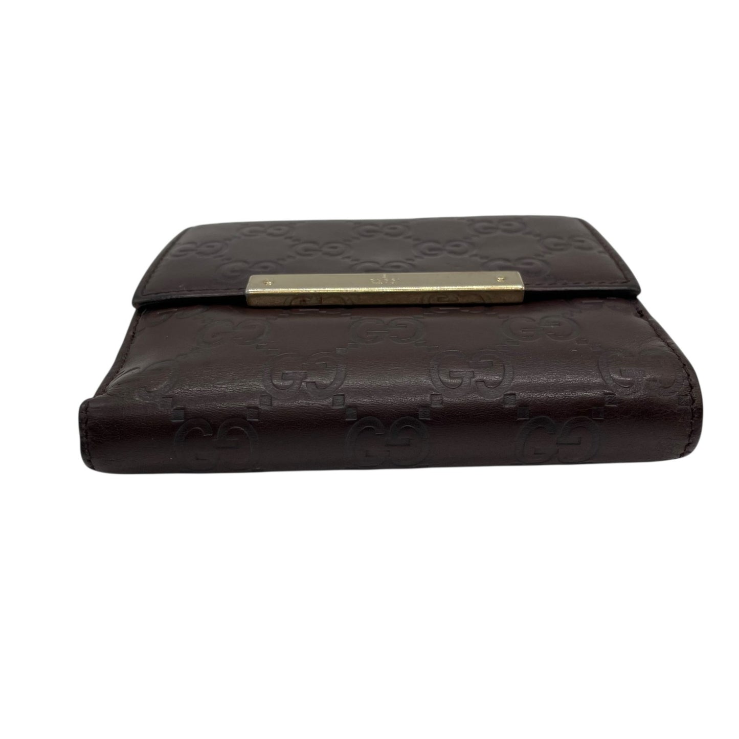 GUCCI グッチ グッチシマ 二つ折り財布 コンパクトウォレット GG柄 型押し レザー ブラウン ゴールド金具 プレートロゴ ヴィンテージ レディース M2
