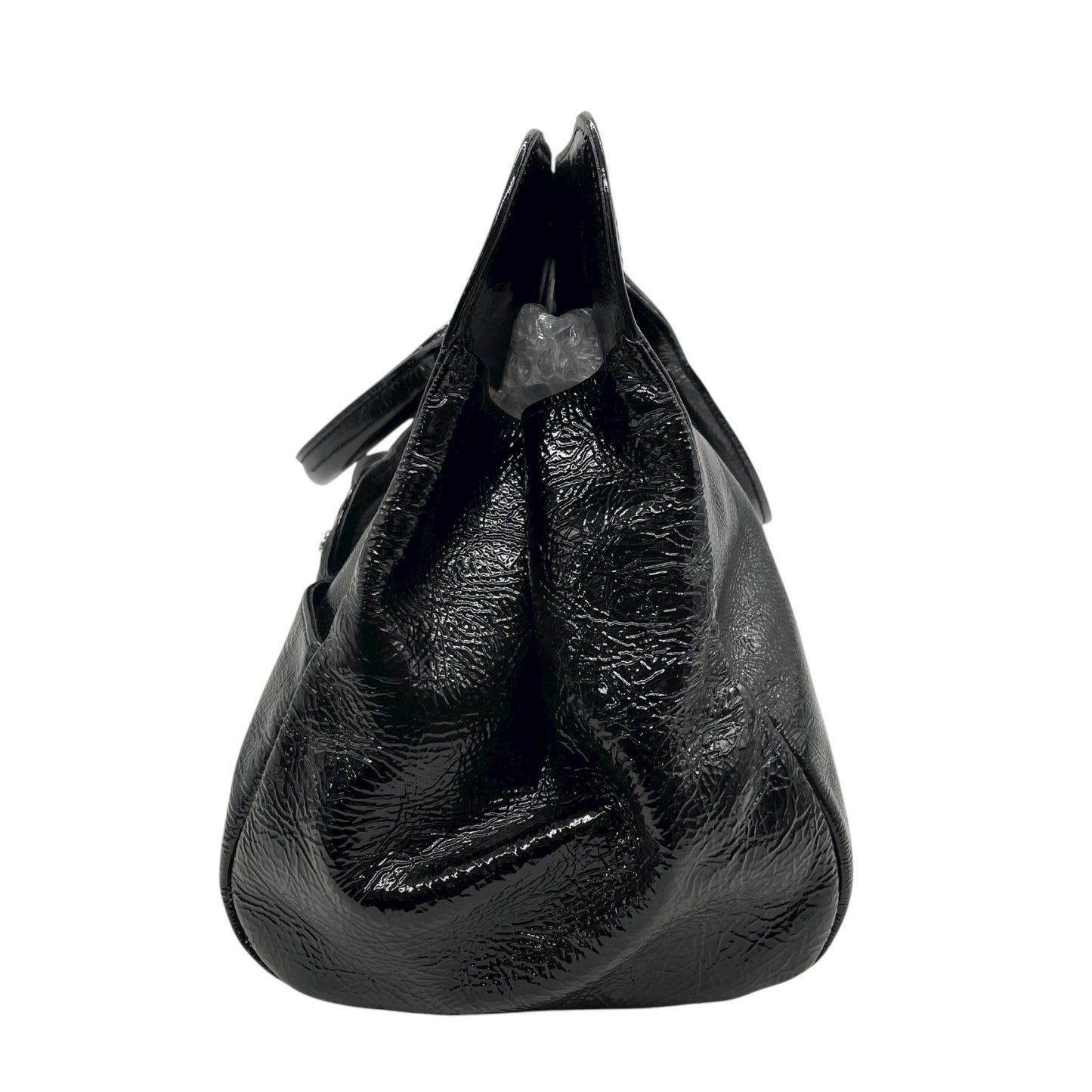 LONGCHAMP ロンシャン パテントレザー ハンドバッグ ブラック シルバー金具 エンボスホース ロゴ入り フロントジップ フランス製 A5