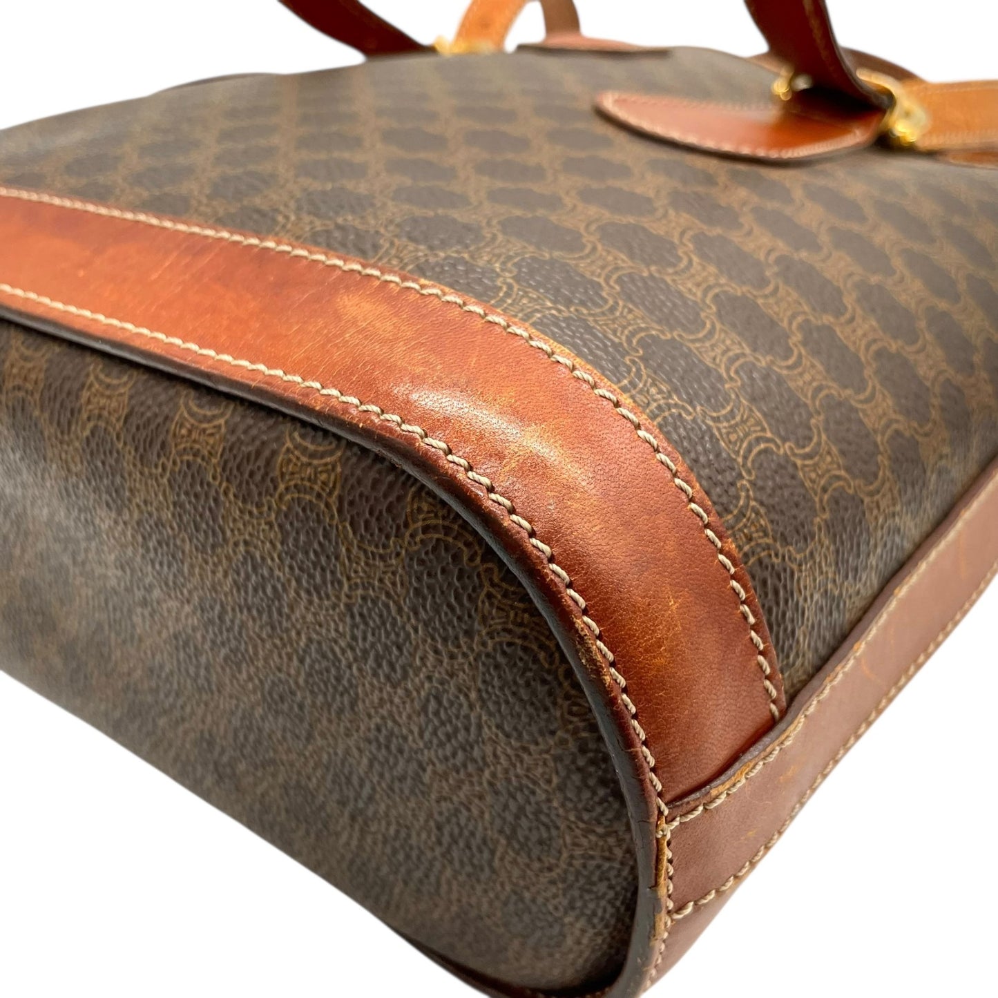 CELINE セリーヌ ヴィンテージ マカダム トートバッグ PVC レザー ブラウン トリオンフ 金具 90s イタリア製 ショルダー可 オールドセリーヌ K9