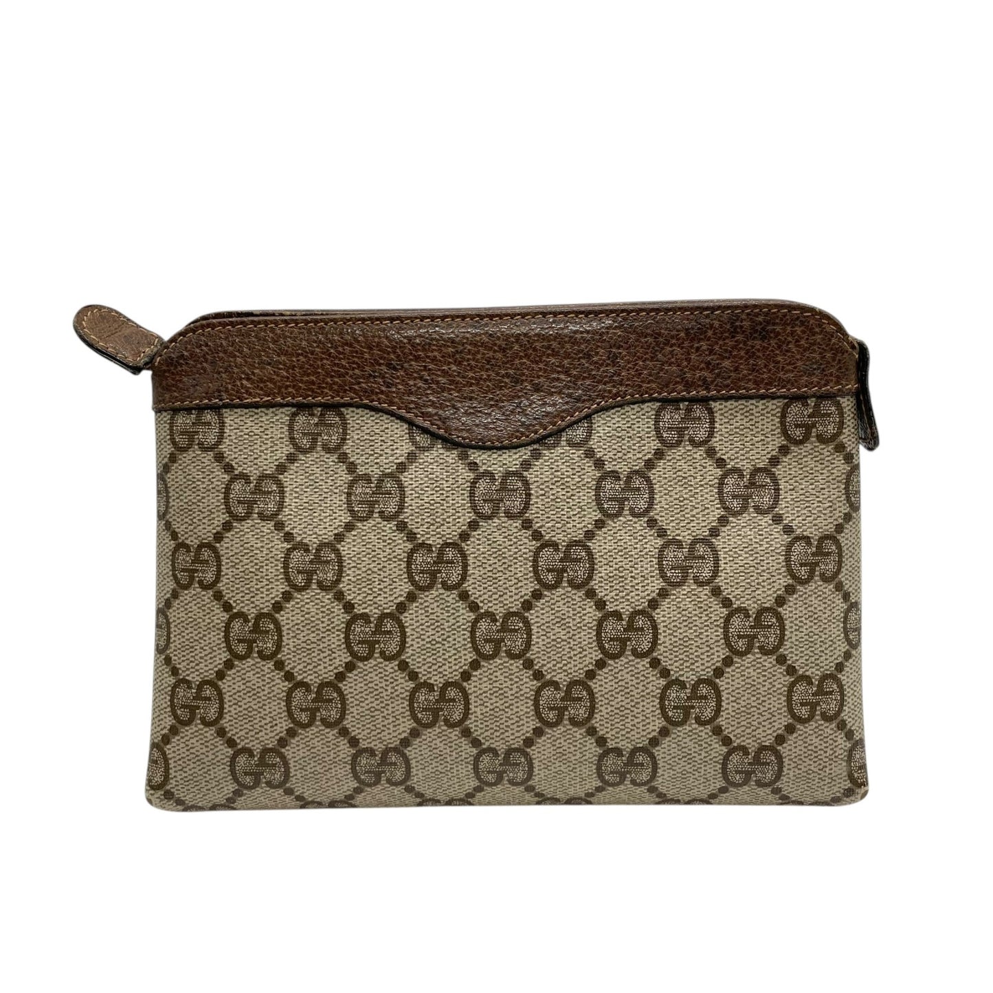 GUCCI グッチ GGスプリーム PVC レザー ポーチ グレー ベージュ ブラウン ゴールド金具 64・01 クラシックデザイン メンズ C