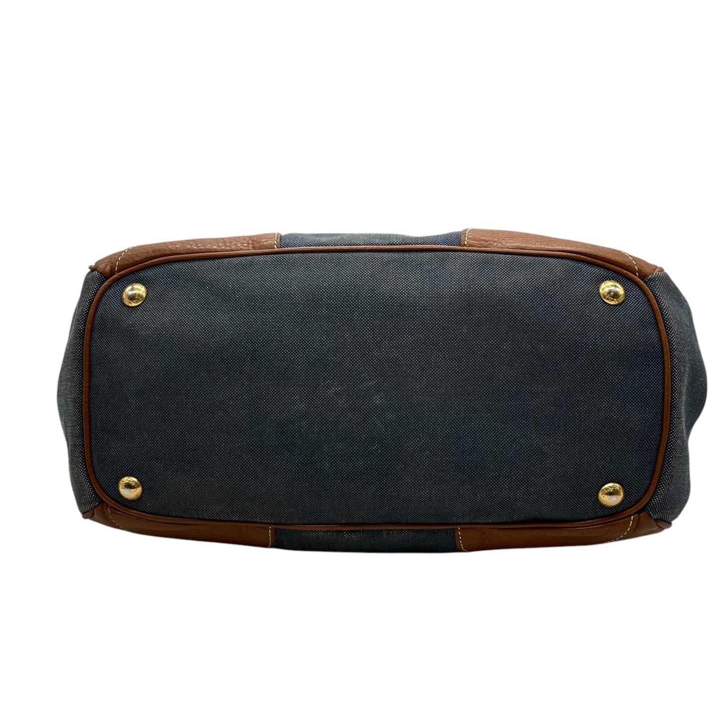美品 PRADA プラダ ロゴ ジャガード トートバッグ ショルダー デニム レザー ブルー ブラウン ゴールド金具 D5