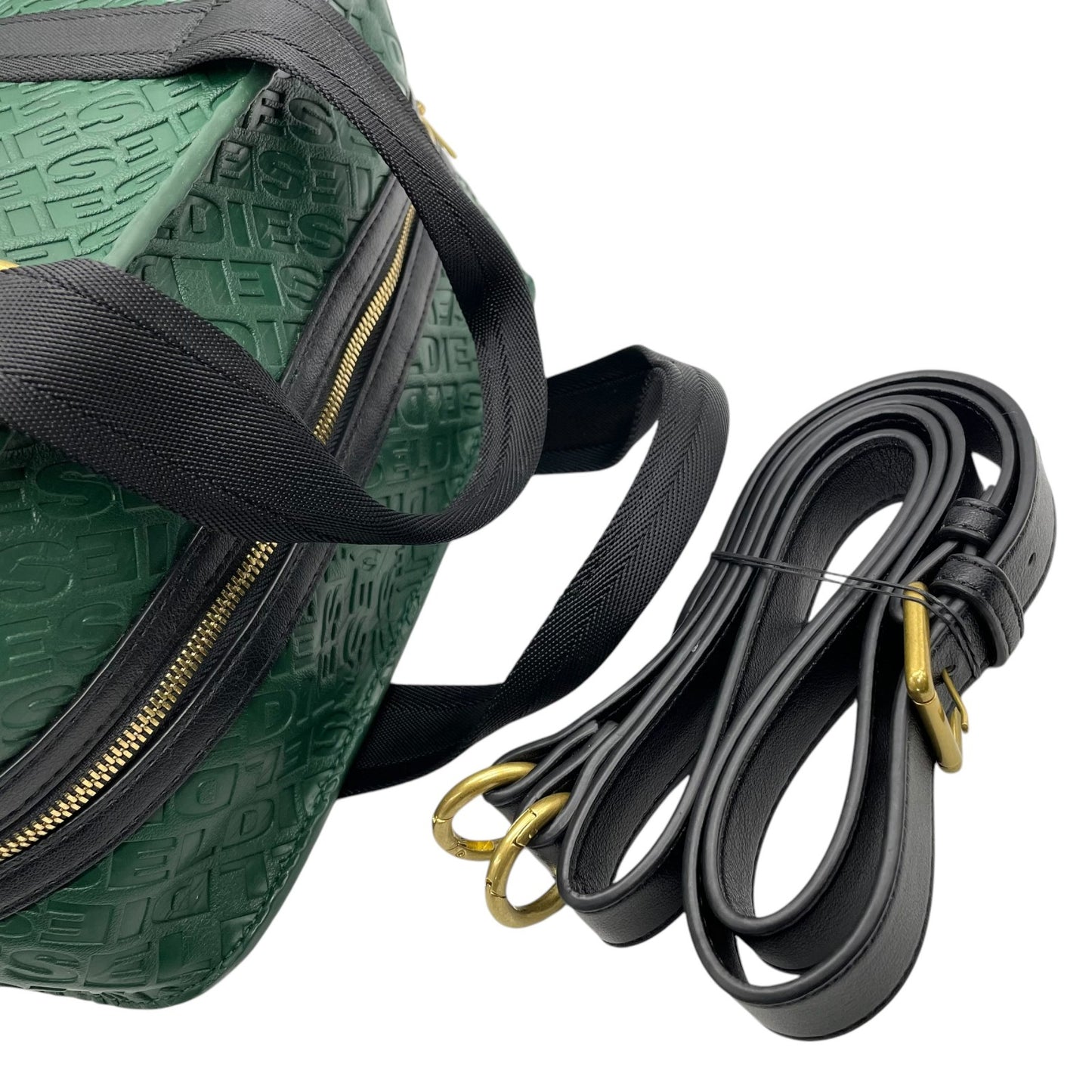 美品 DIESEL ディーゼル エンボス モノグラム ハンドバッグ 2WAY ショルダー ミニボストン 総柄 レザー 本革 グリーン 緑 2WAY ボストンバッグ ショルダーバッグ ゴールド金具 ユニセックス ファスナー開閉 Y2K label C