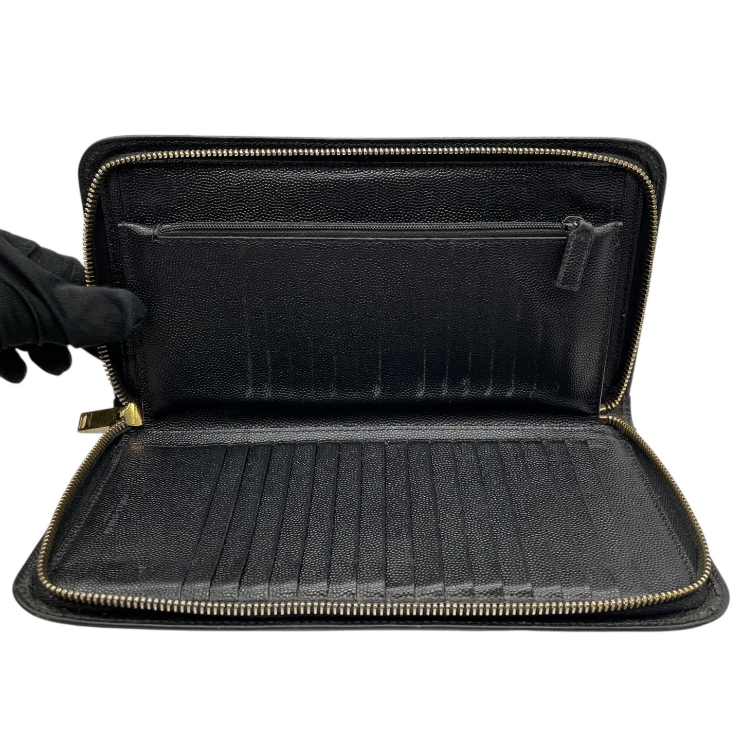 Authentic SAINT LAURENT YSL Leather Round Zipper Wallet Black Gold Hardware Unisex