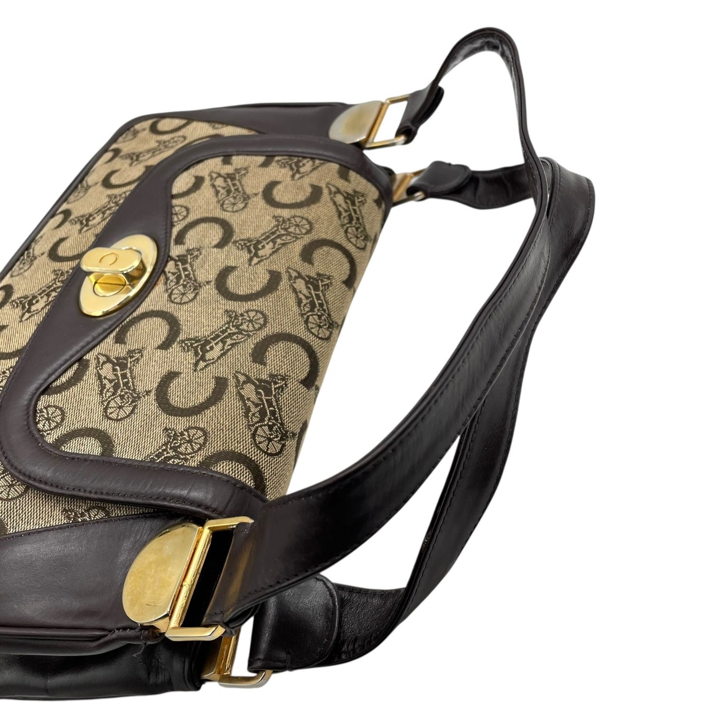 Authentic CELINE C Macadam Turnlock Handbag Canvas Leather Brown Gold Hardware Women