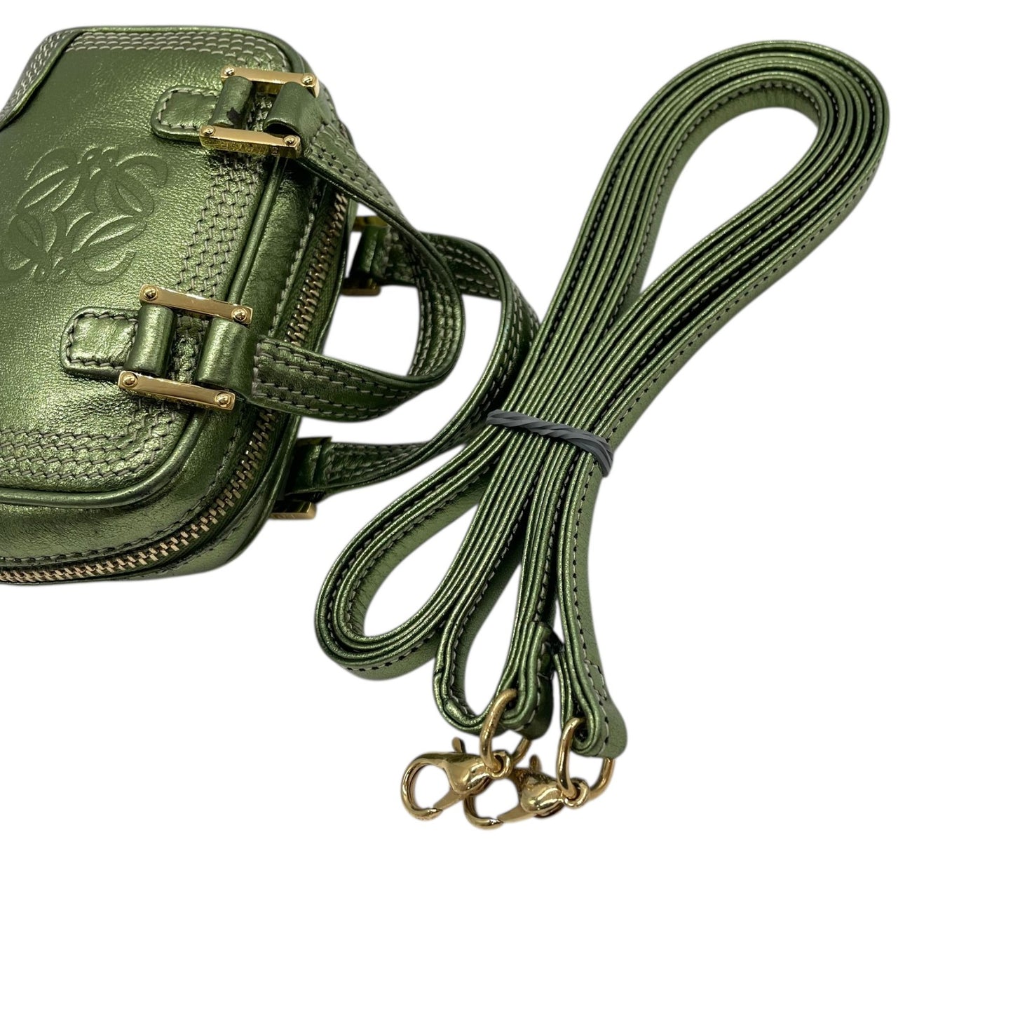 Authentic LOEWE Amazona Micro Mini Shoulder Bag Metallic Green Leather Anagram Logo Crossbody Gold Hardware Vintage Women's