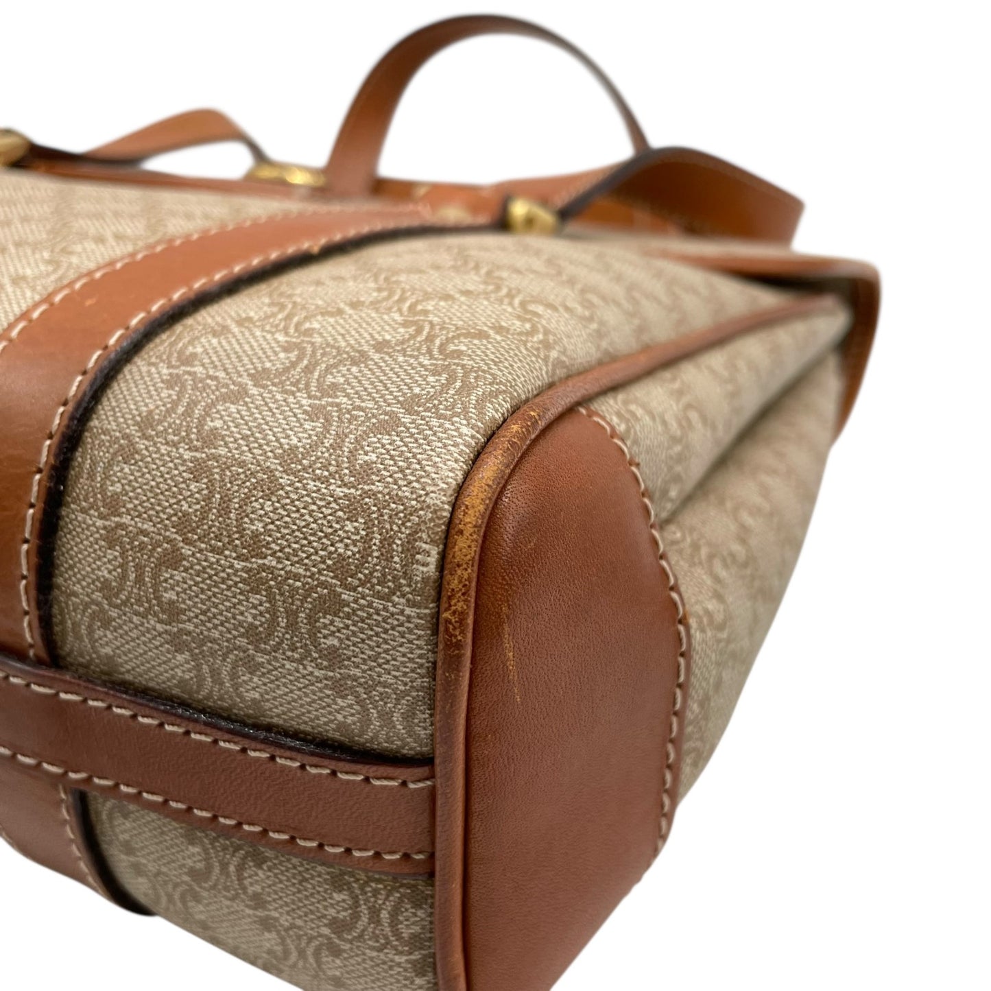 Authentic CELINE Macadam Handbag PVC Leather Vintage Beige Brown M06 Old Celine Gold Hardware Ladies