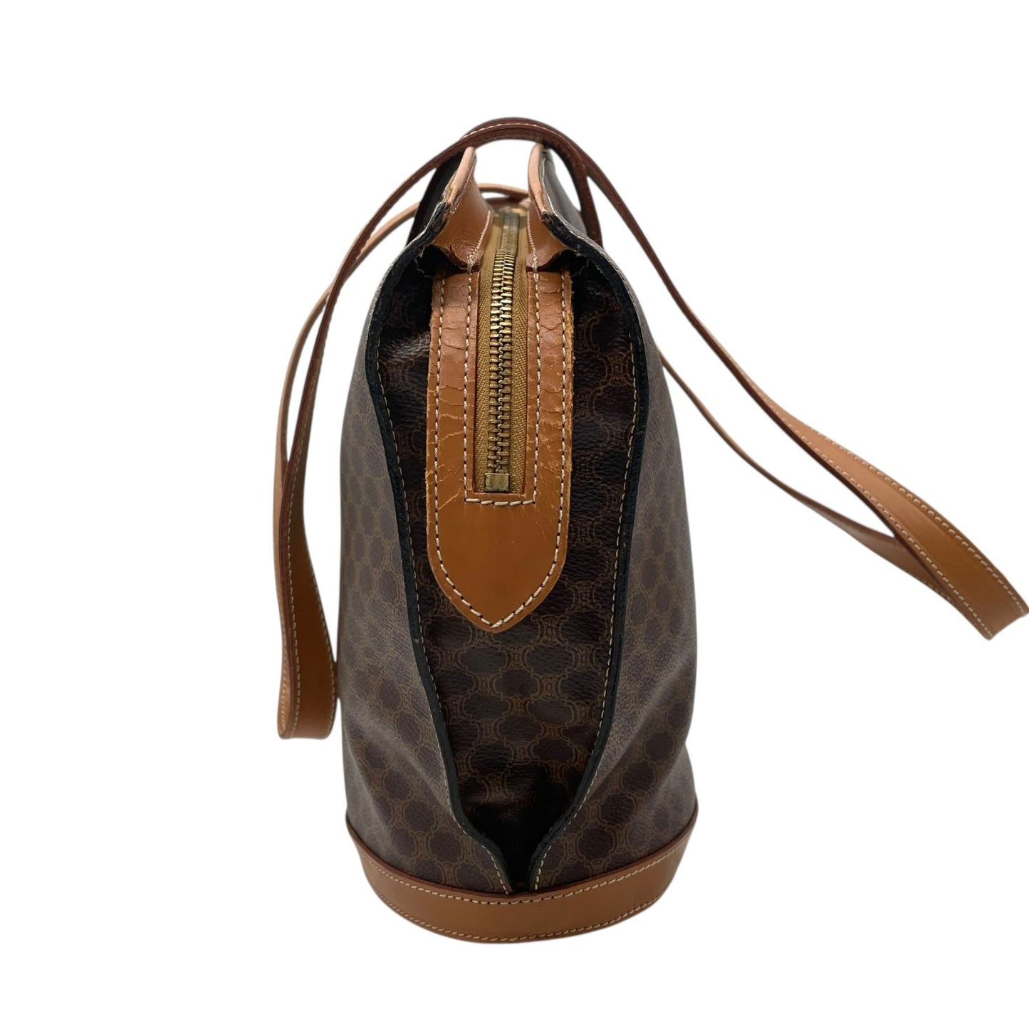 美品 CELINE セリーヌ マカダム ハンドバッグ トートバッグ PVC レザー 茶 ブラウン ゴールド金具 ワンショルダー 肩掛け可 ヴィンテージ オールドセリーヌ レディース B1