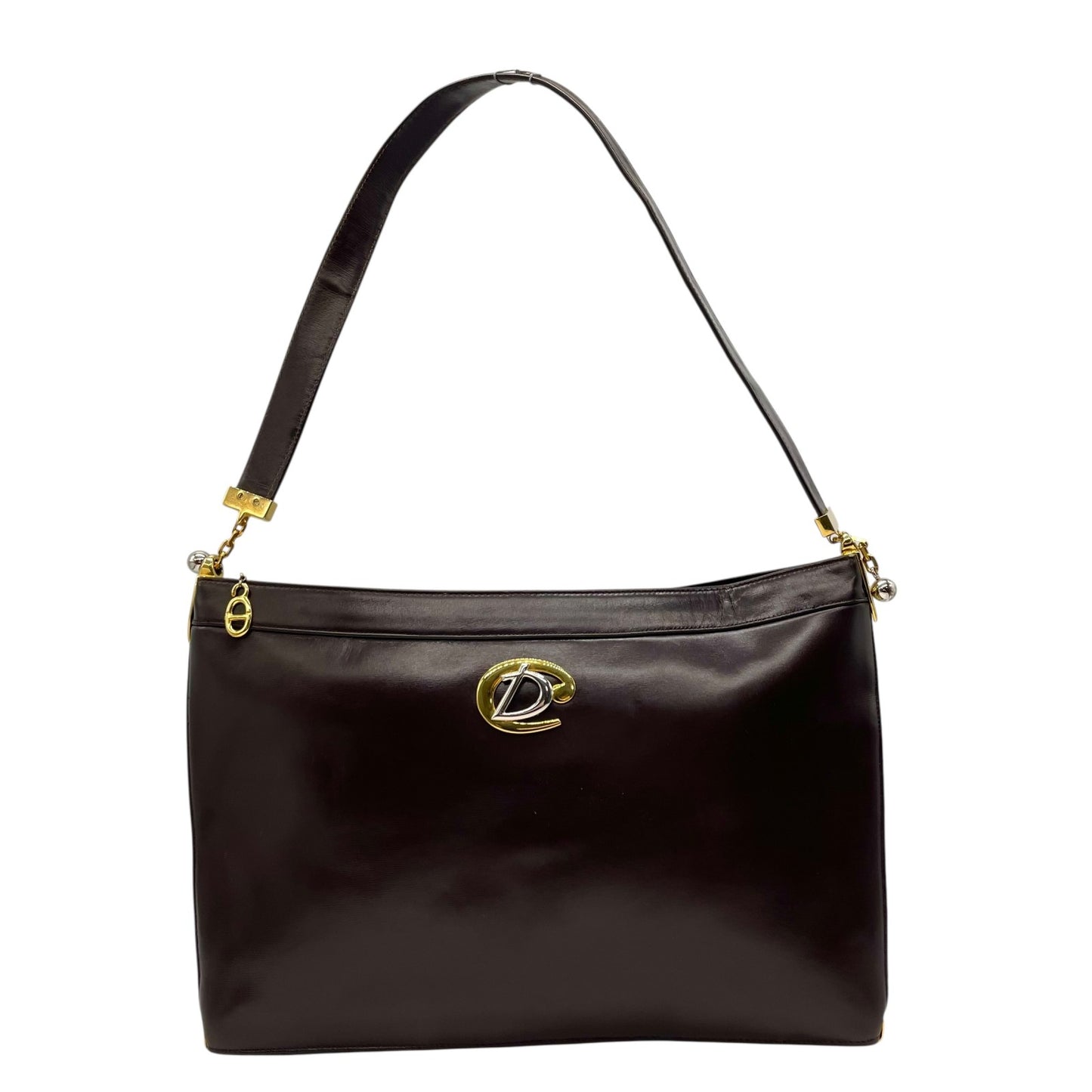 美品 Christian Dior クリスチャンディオール ショルダーバッグ ヴィンテージ ワンショルダー ハンドバッグ ダークブラウン レザー ゴールド金具 CDロゴ レディース U3