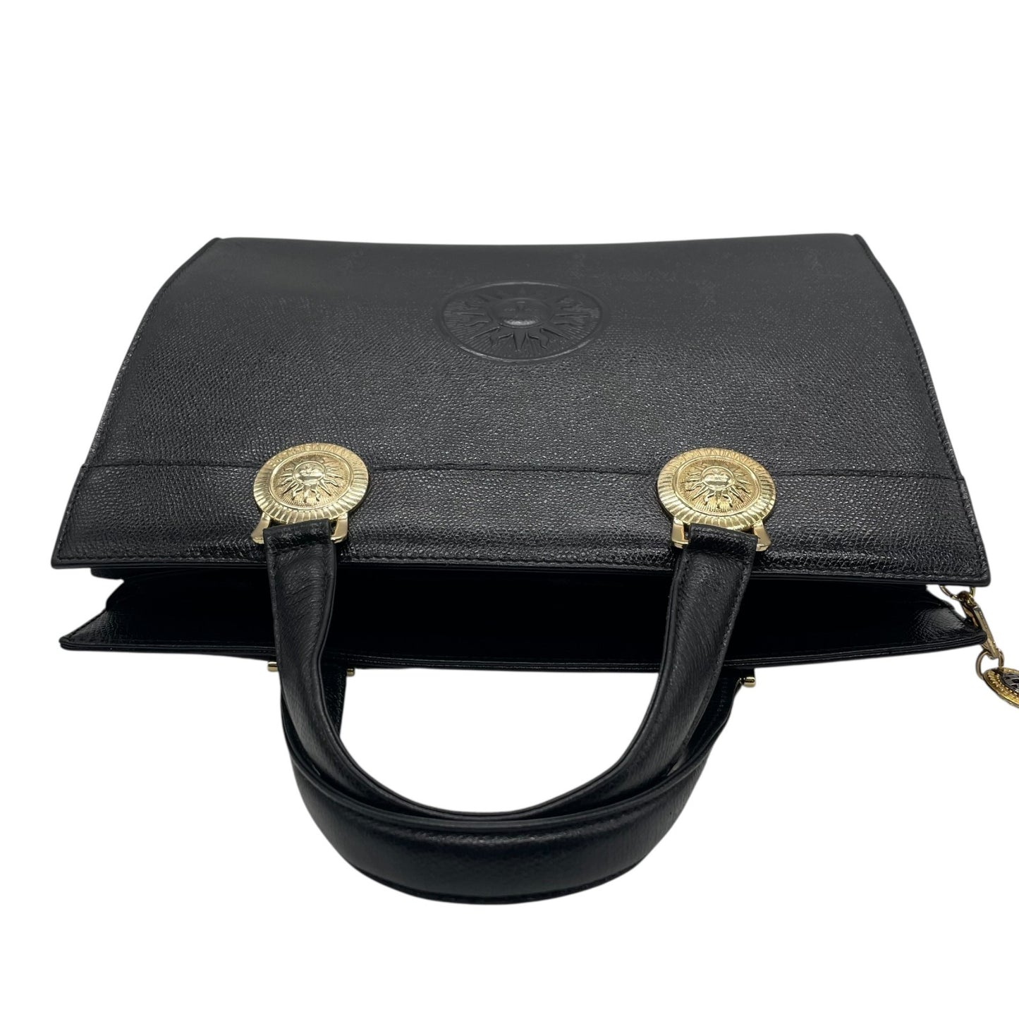 Authentic GIANNI VERSACE Black Sunburst Embossed Leather Handbag Gold Hardware Vintage Archive Women