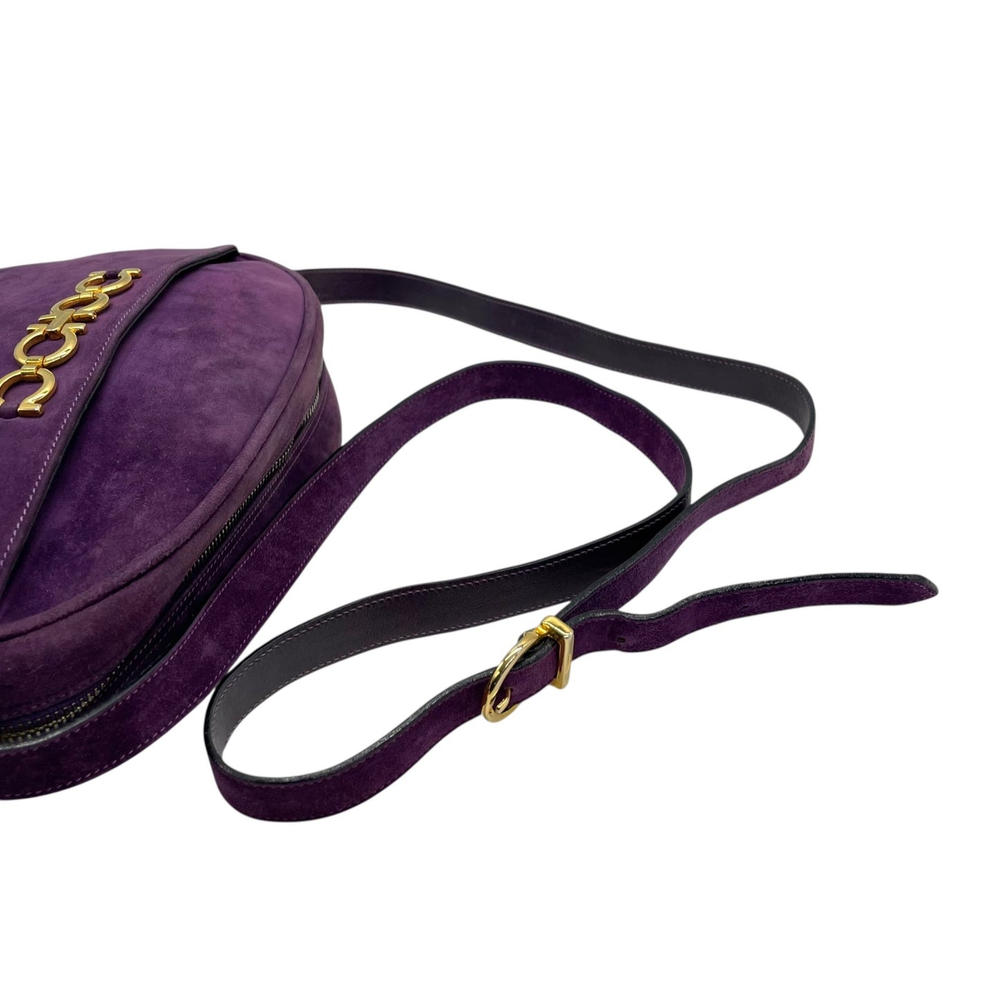 美品 Salvatore Ferragamo フェラガモ ガンチーニ ダブルガンチーニ ショルダーバッグ 紫 パープル スエード ゴールド金具 斜め掛け可 ポシェット ヴィンテージ レディース D7