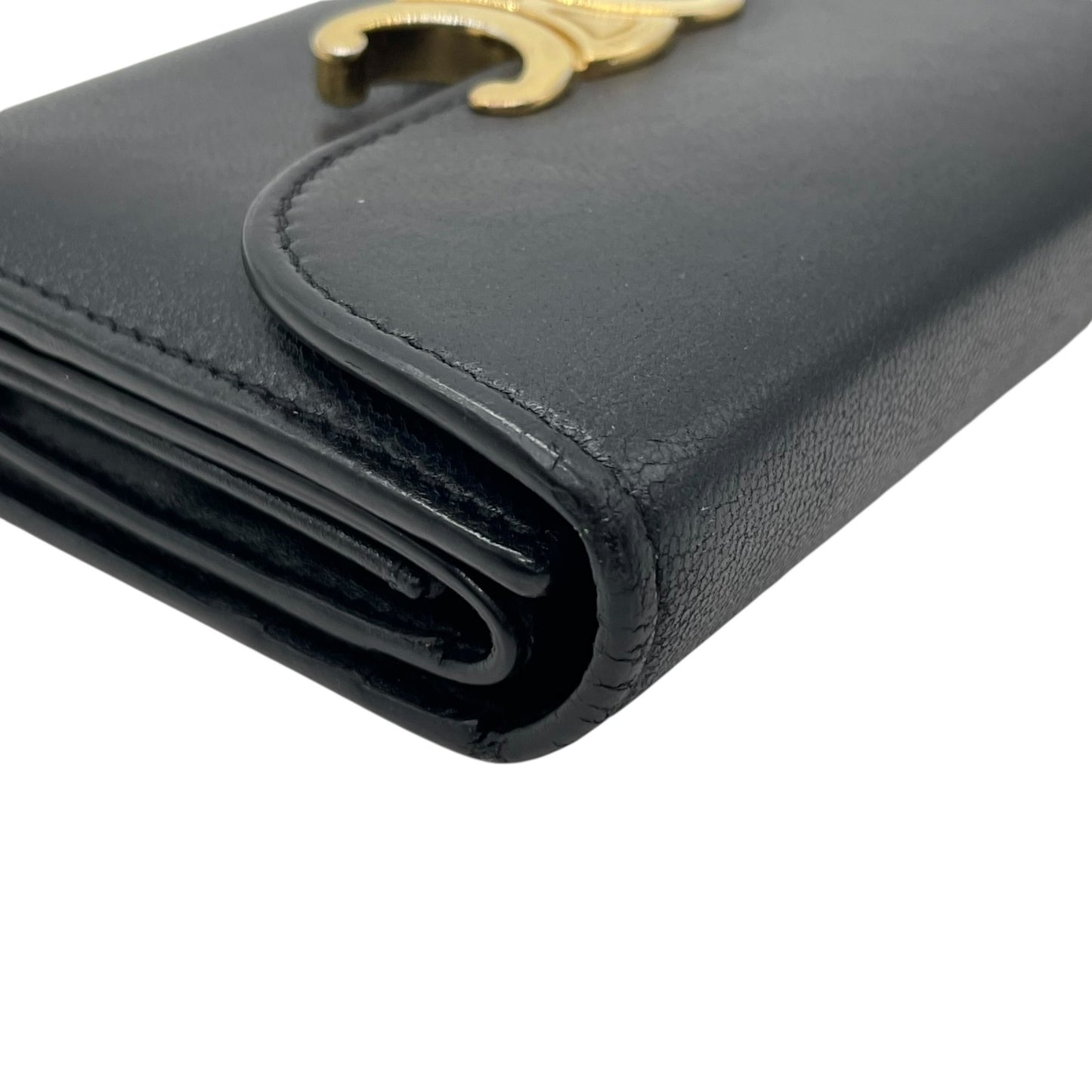 Authentic CELINE Triomphe Compact Wallet Black Leather Gold Hardware with Box