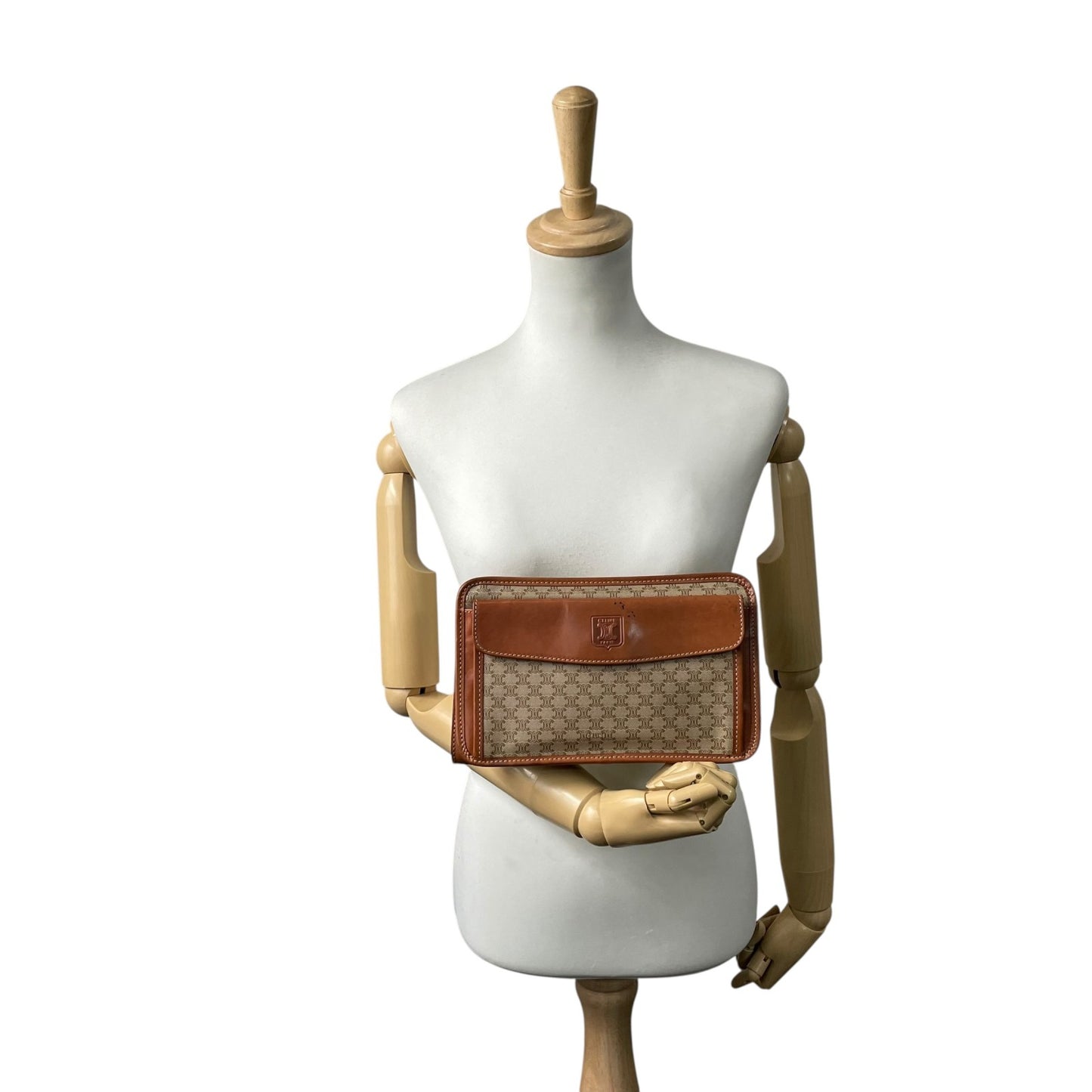 セリーヌ CELINE マカダム柄 クラッチバッグ セカンドバッグ ベージュ ブラウン 茶色 トリオンフロゴ PVC×レザー ヴィンテージ バッグ U9