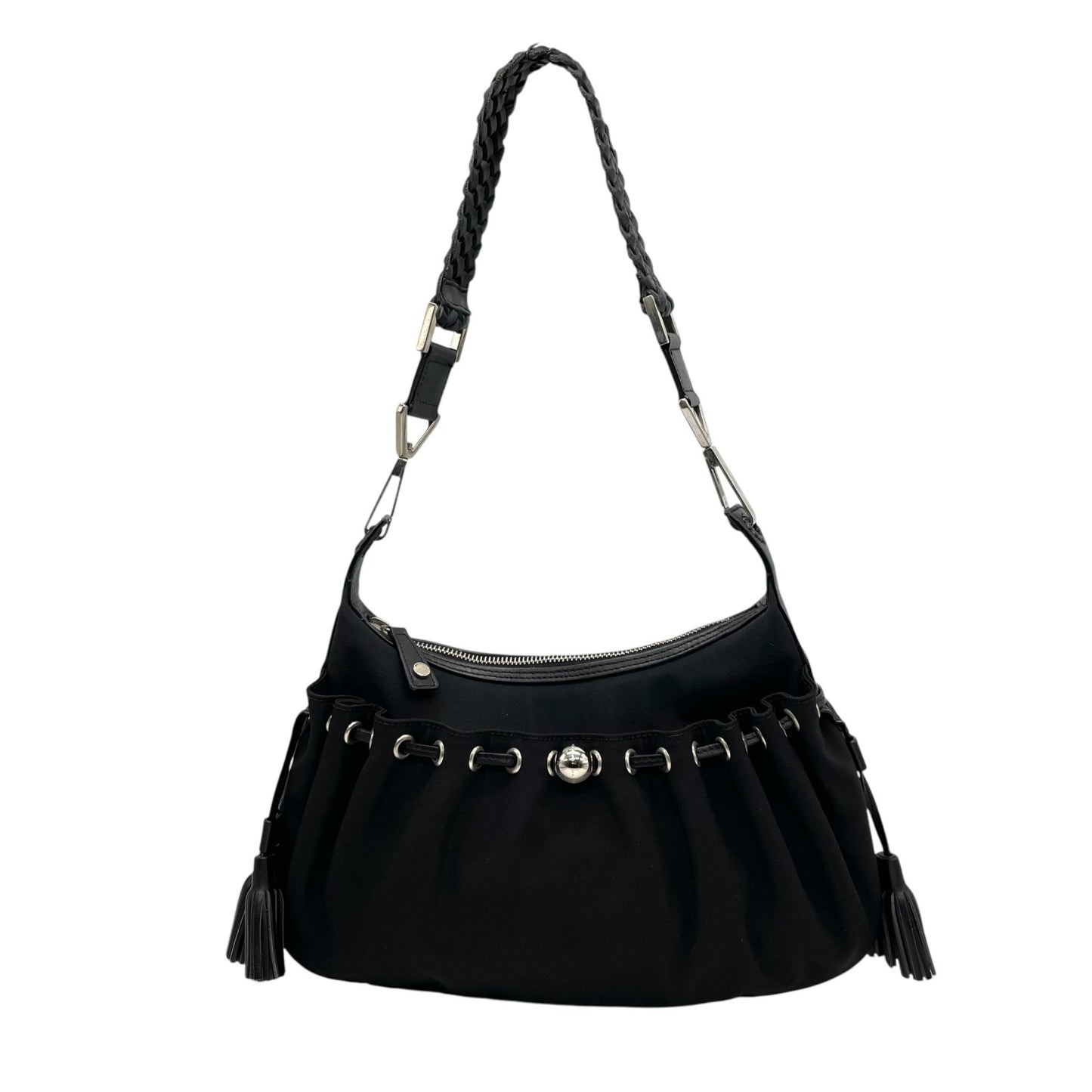 美品 ジバンシー ジバンシィ GIVENCHY ブラック 黒 ワンショルダー ショルダーバッグ ナイロン×レザー タッセル付き シルバー金具 高級 ハンドバッグ レディース K11