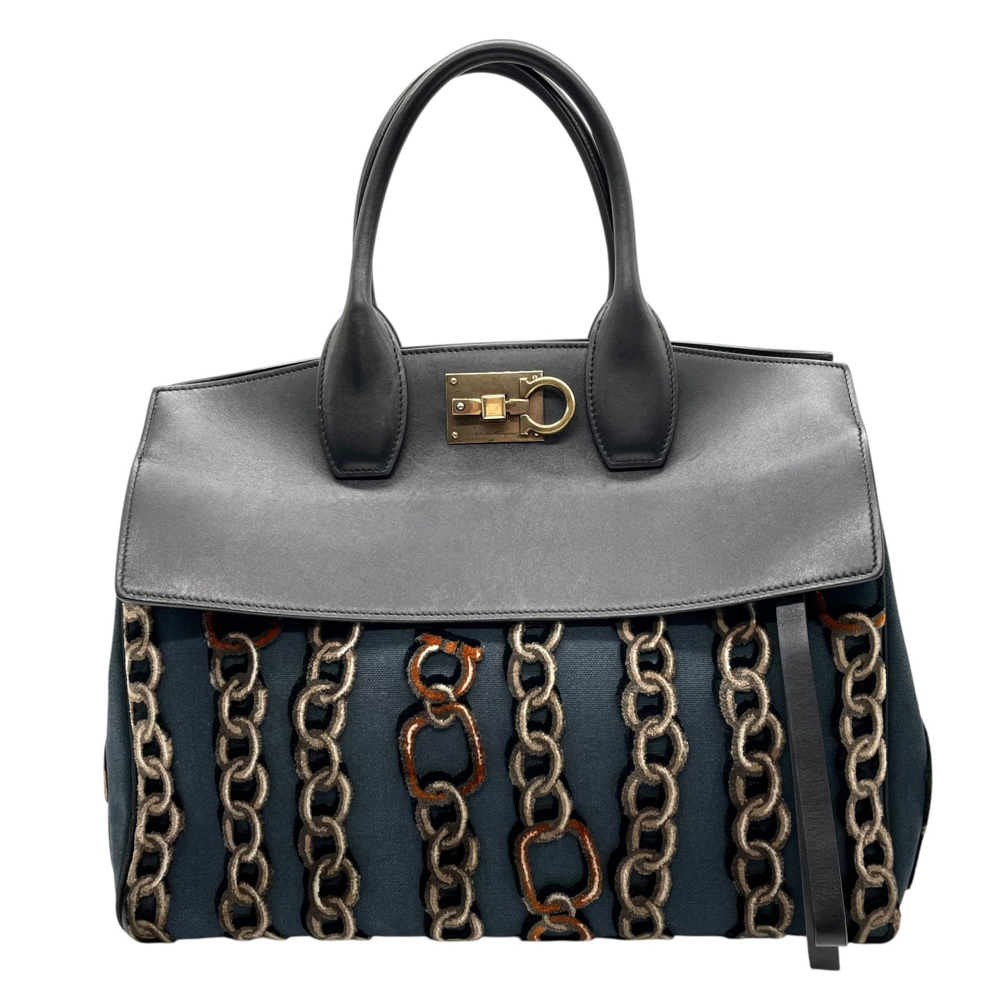 美品 Salvatore Ferragamo サルヴァトーレ フェラガモ ガンチーニ チェーン柄 ハンドバッグ 紺 ネイビー 黒 ブラック キャンバス レザー ゴールド金具 レディース B