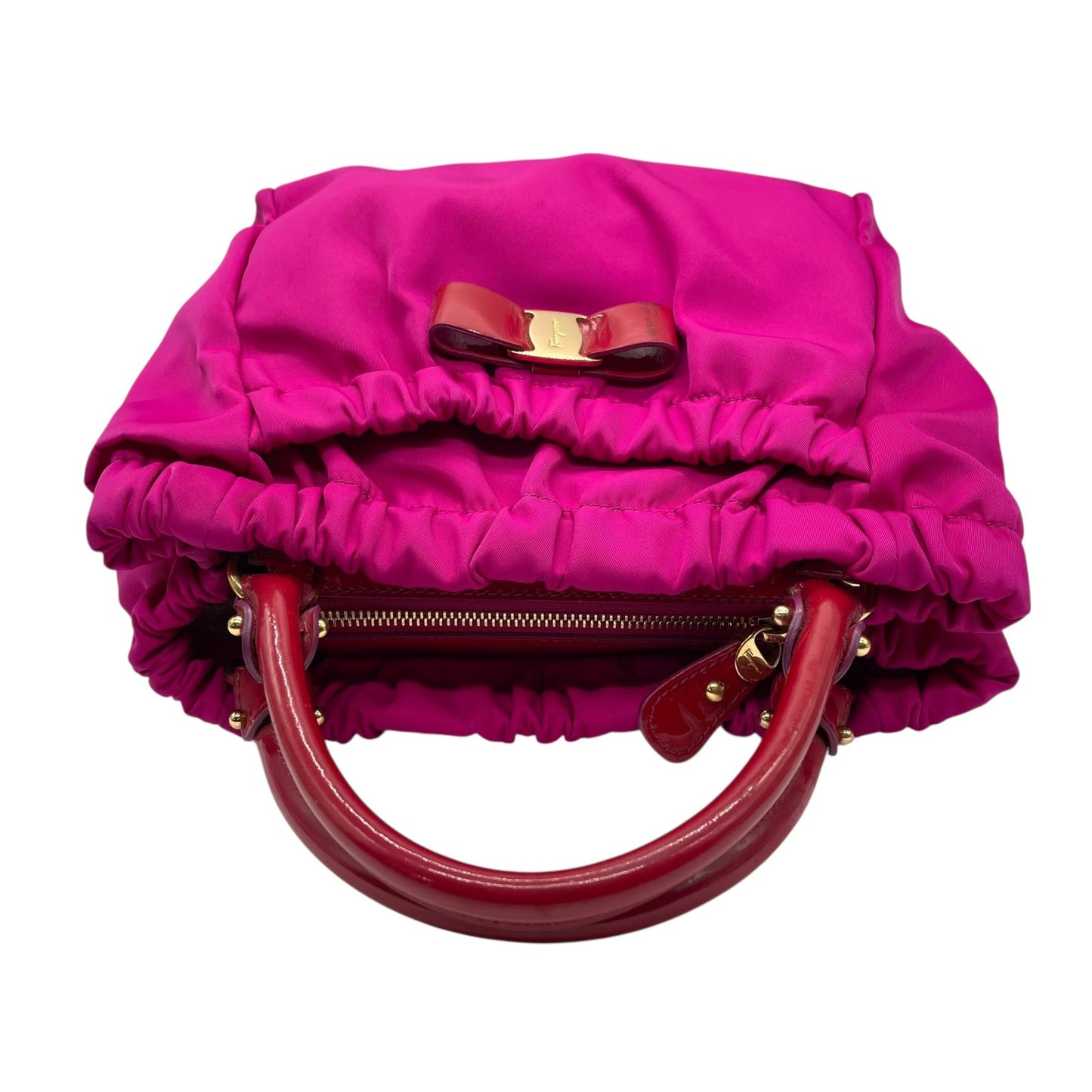 極美品 希少 Salvatore Ferragamo フェラガモ ヴァラリボン 2WAY ショルダー ピンク レッド ナイロン パテント ハンドバッグ クロスボディ ゴールド金具 レディース K1