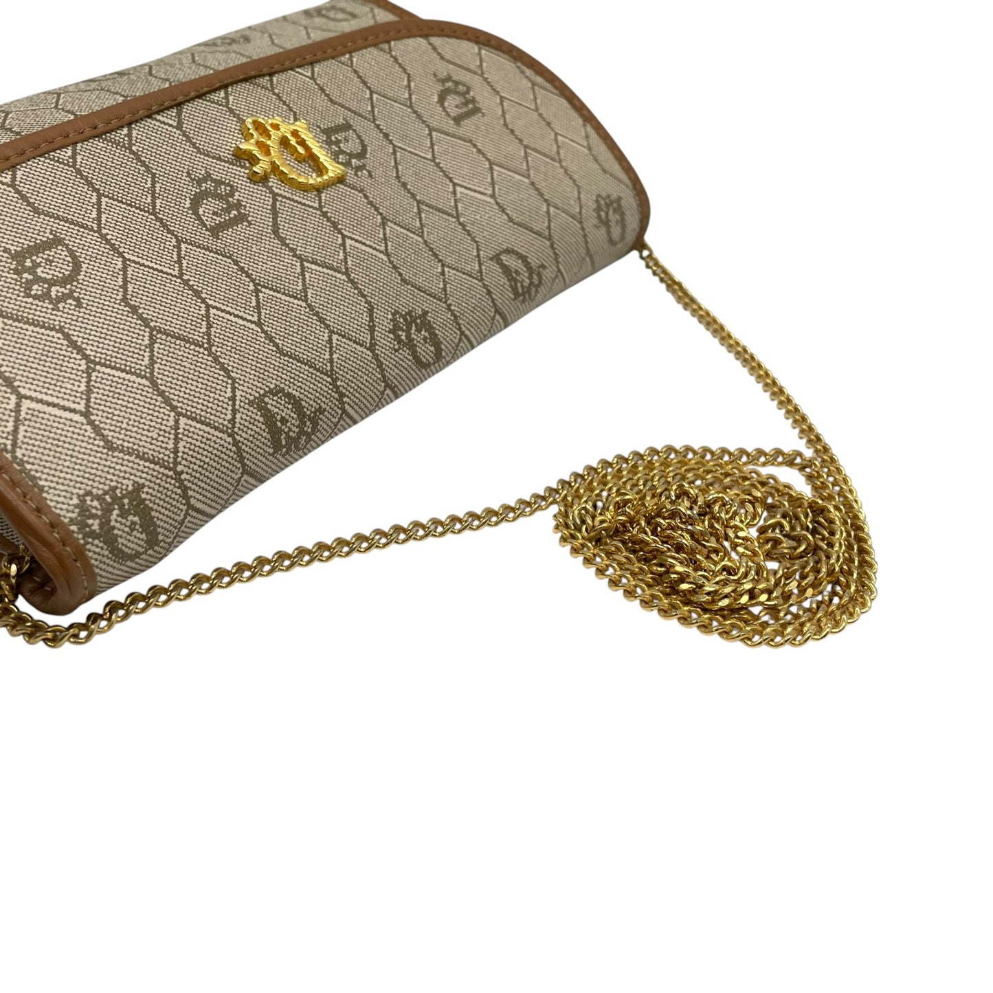 クリスチャン ディオール Christian Dior CDロゴ チェーンショルダーバッグ ベージュ 茶色 ブラウン ハニカム柄 キャンバス レザー ゴールド 金金具 ヴィンテージ K11