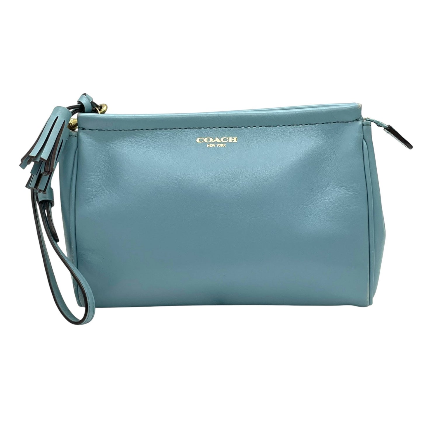 美品 コーチ COACH ポーチ レザー スカイブルー タッセル付き ロゴ 上品 コンパクト 本革 S52