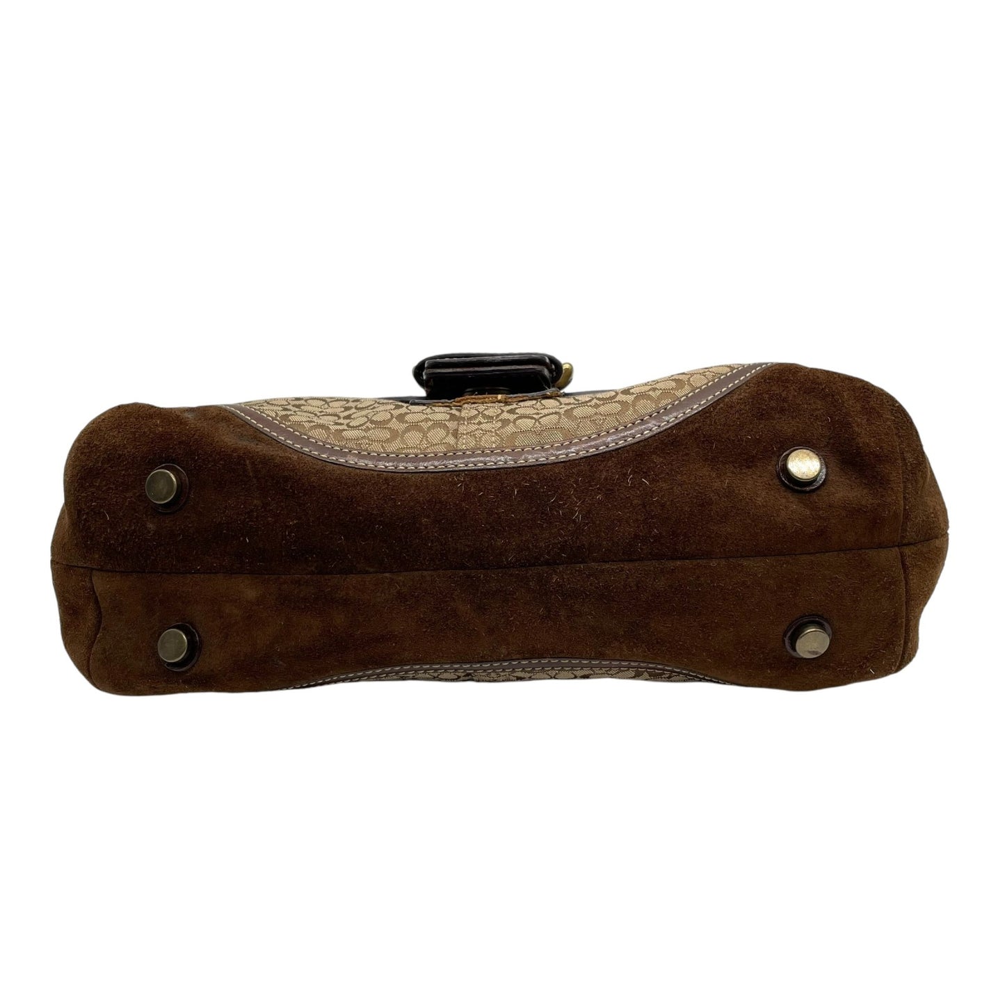 コーチ COACH シグネチャー スエード レザー ハンドバッグ 7078 茶色 ブラウン ゴールド金具 金金具 チャーム付き E10