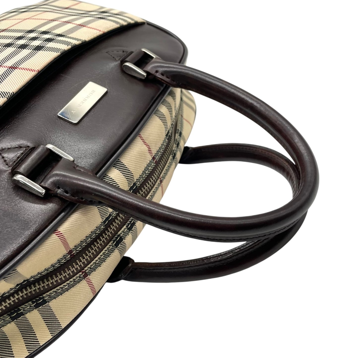 美品 バーバリー BURBERRY ハウスチェック ノバチェック ボストンバッグ レザー キャンバス 茶色 ブラウン×ベージュ ロゴプレート C7